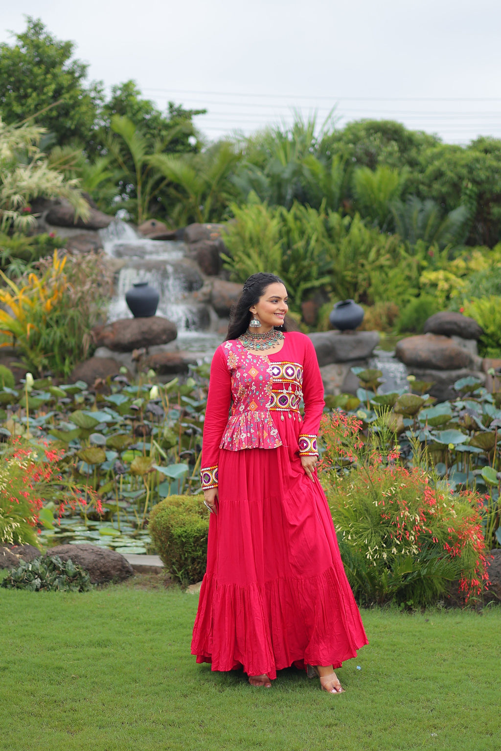 Pink Rayon Gown with Kutchi Gamthi Embroidery and Cotton Print