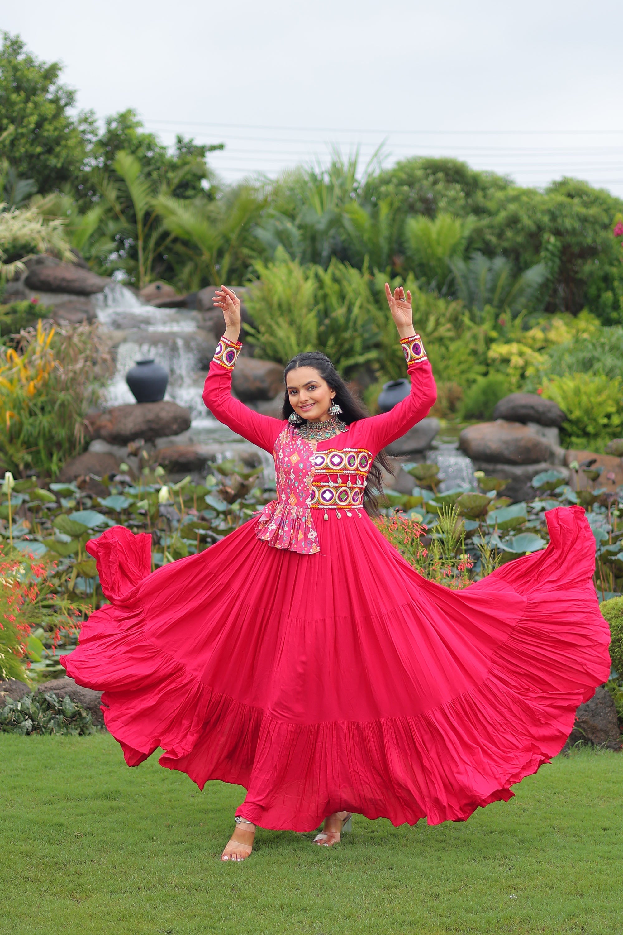 Pink Rayon Gown with Kutchi Gamthi Embroidery and Cotton Print
