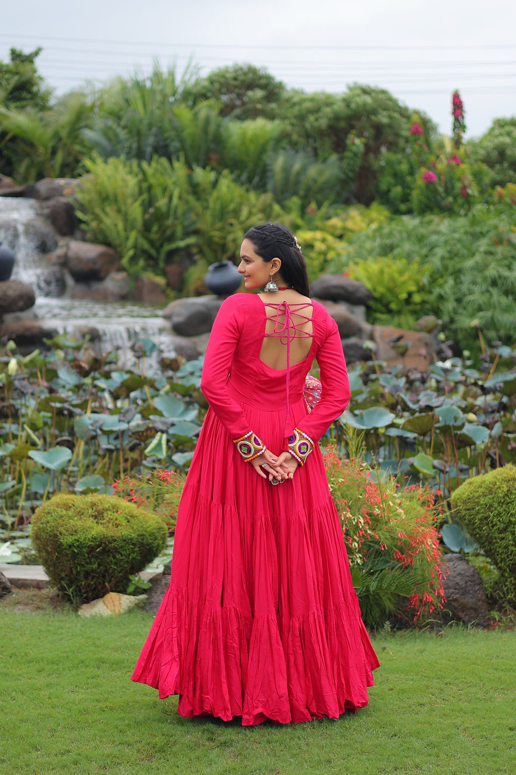 Pink Rayon Gown with Kutchi Gamthi Embroidery and Cotton Print