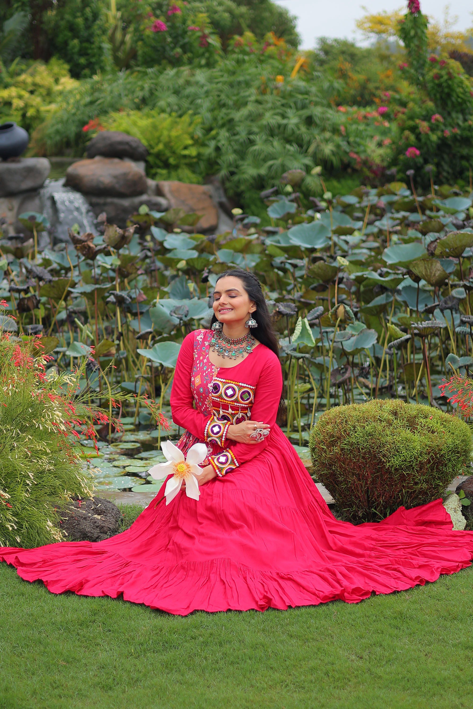 Pink Rayon Gown with Kutchi Gamthi Embroidery and Cotton Print
