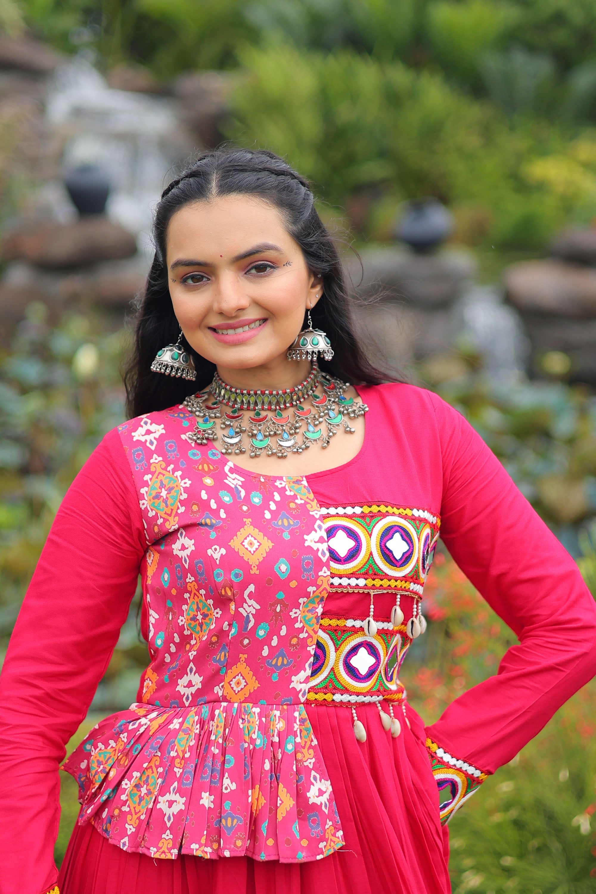 Pink Rayon Gown with Kutchi Gamthi Embroidery and Cotton Print