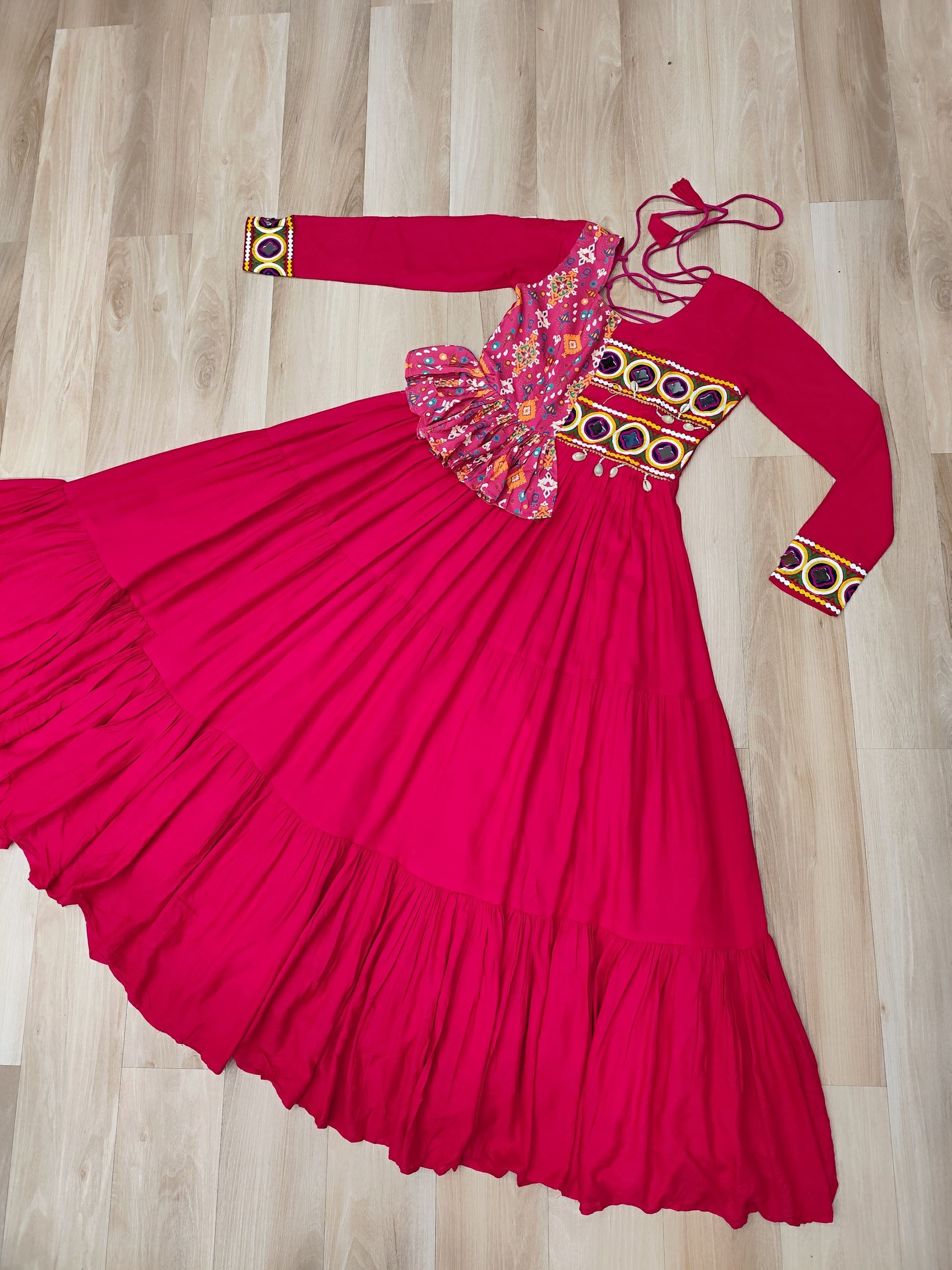 Pink Rayon Gown with Kutchi Gamthi Embroidery and Cotton Print