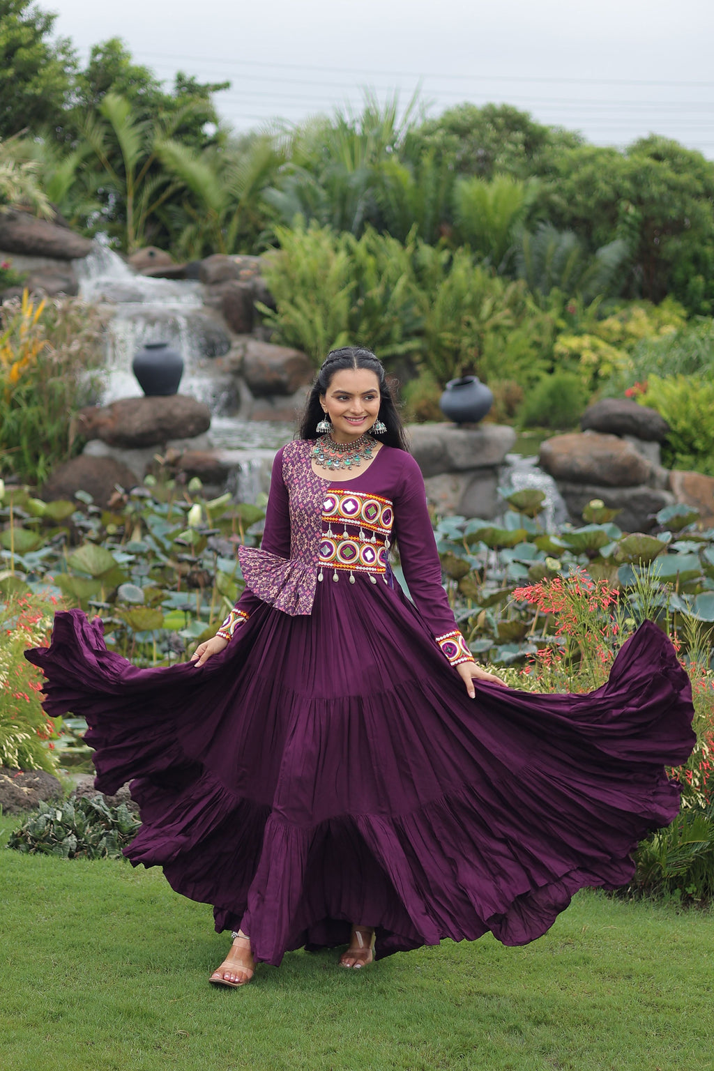 Wine Rayon Gown with Kutchi Gamthi Embroidery and Cotton Print