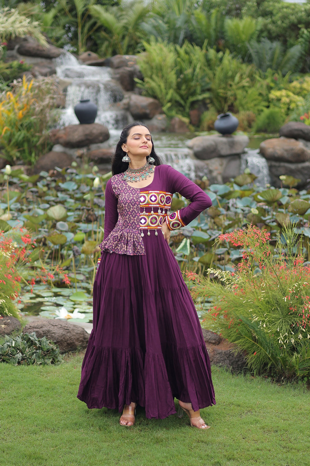 Wine Rayon Gown with Kutchi Gamthi Embroidery and Cotton Print