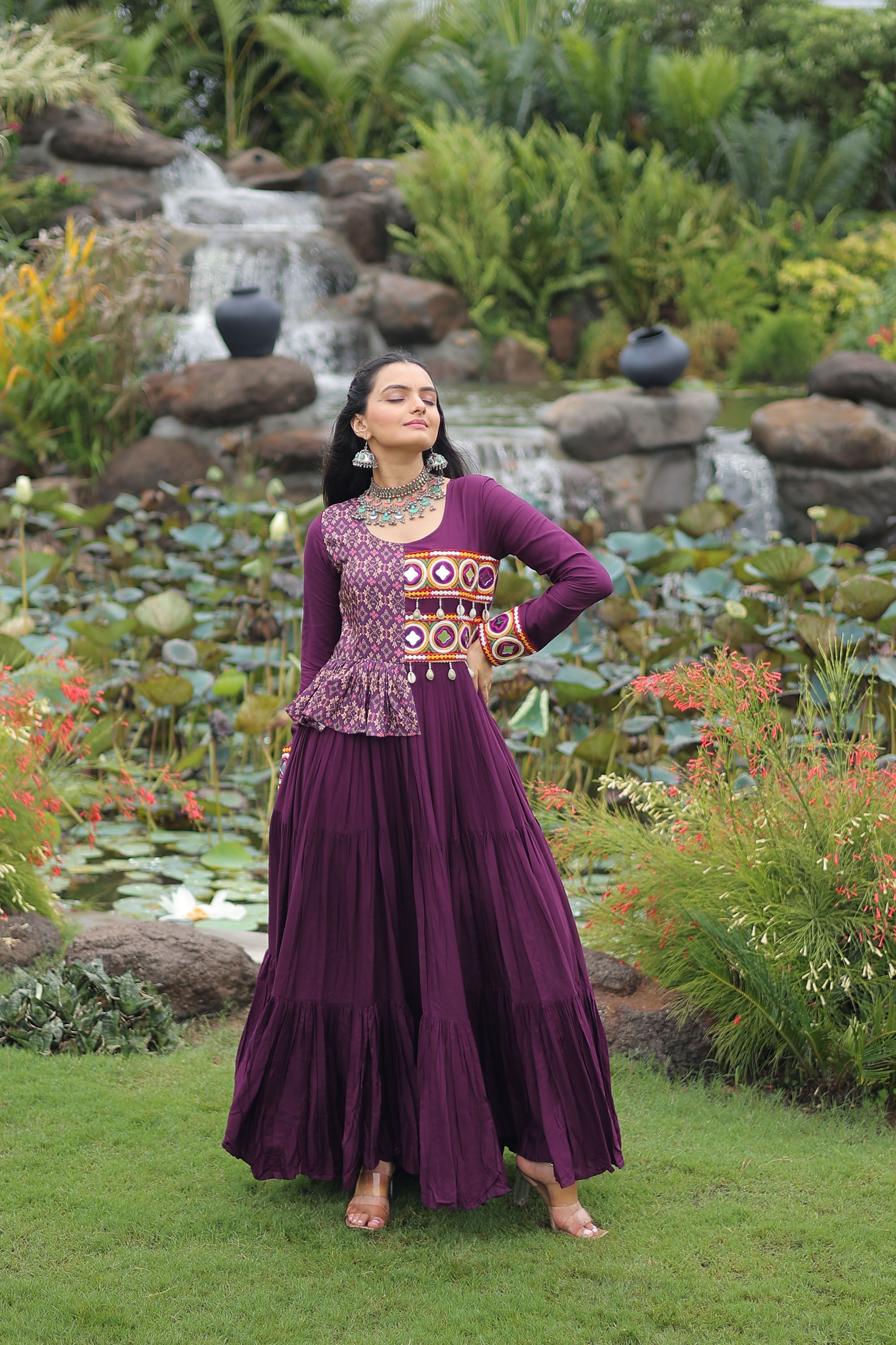 Wine Rayon Gown with Kutchi Gamthi Embroidery and Cotton Print