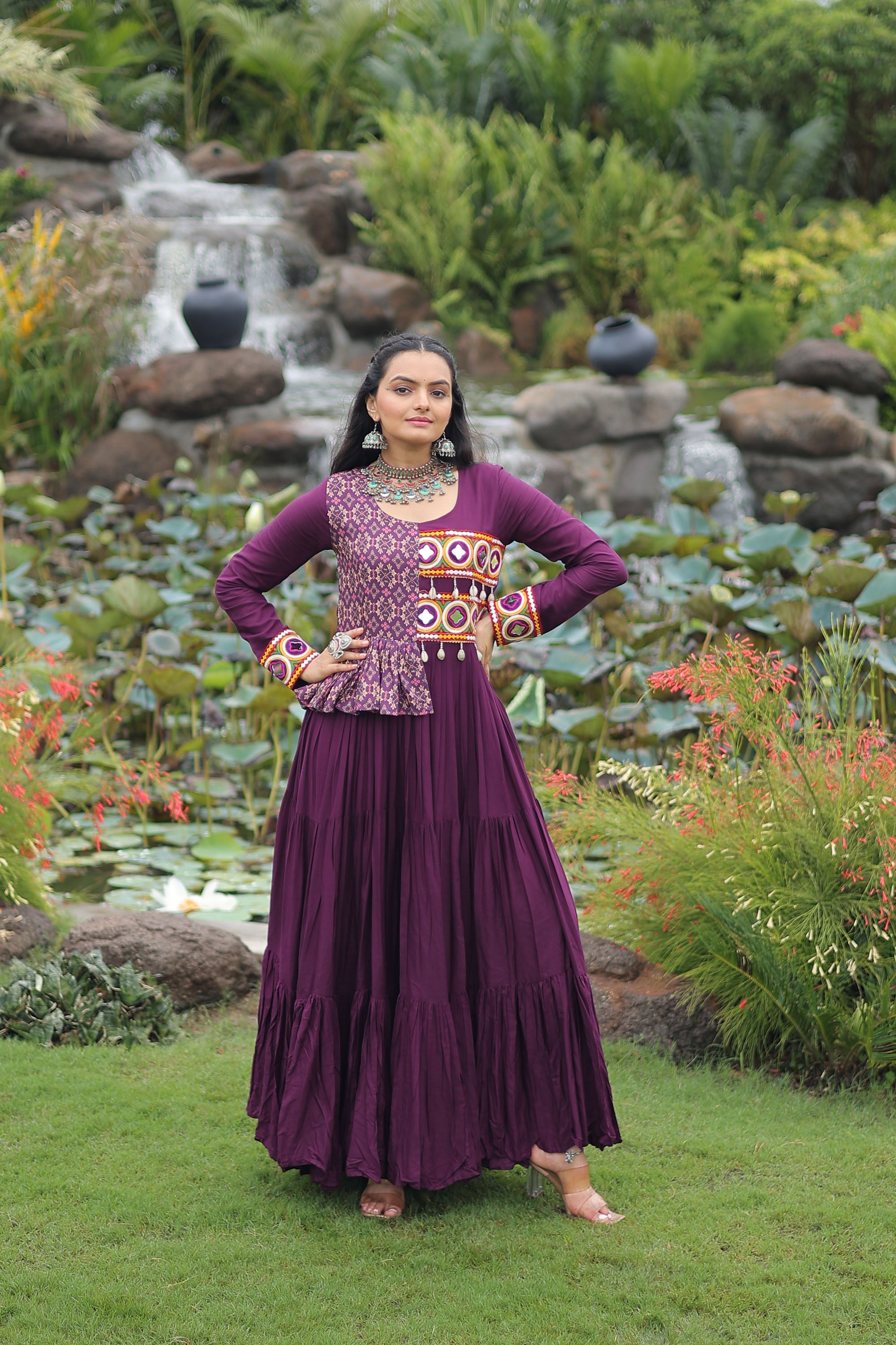Wine Rayon Gown with Kutchi Gamthi Embroidery and Cotton Print