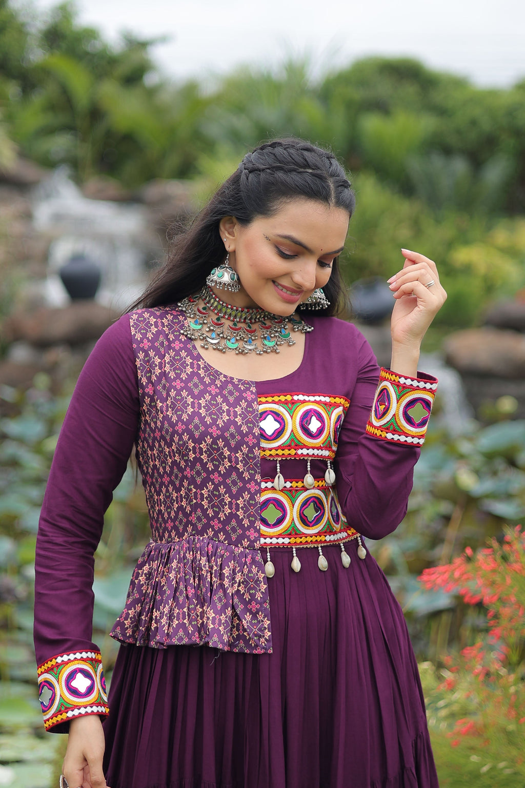 Wine Rayon Gown with Kutchi Gamthi Embroidery and Cotton Print