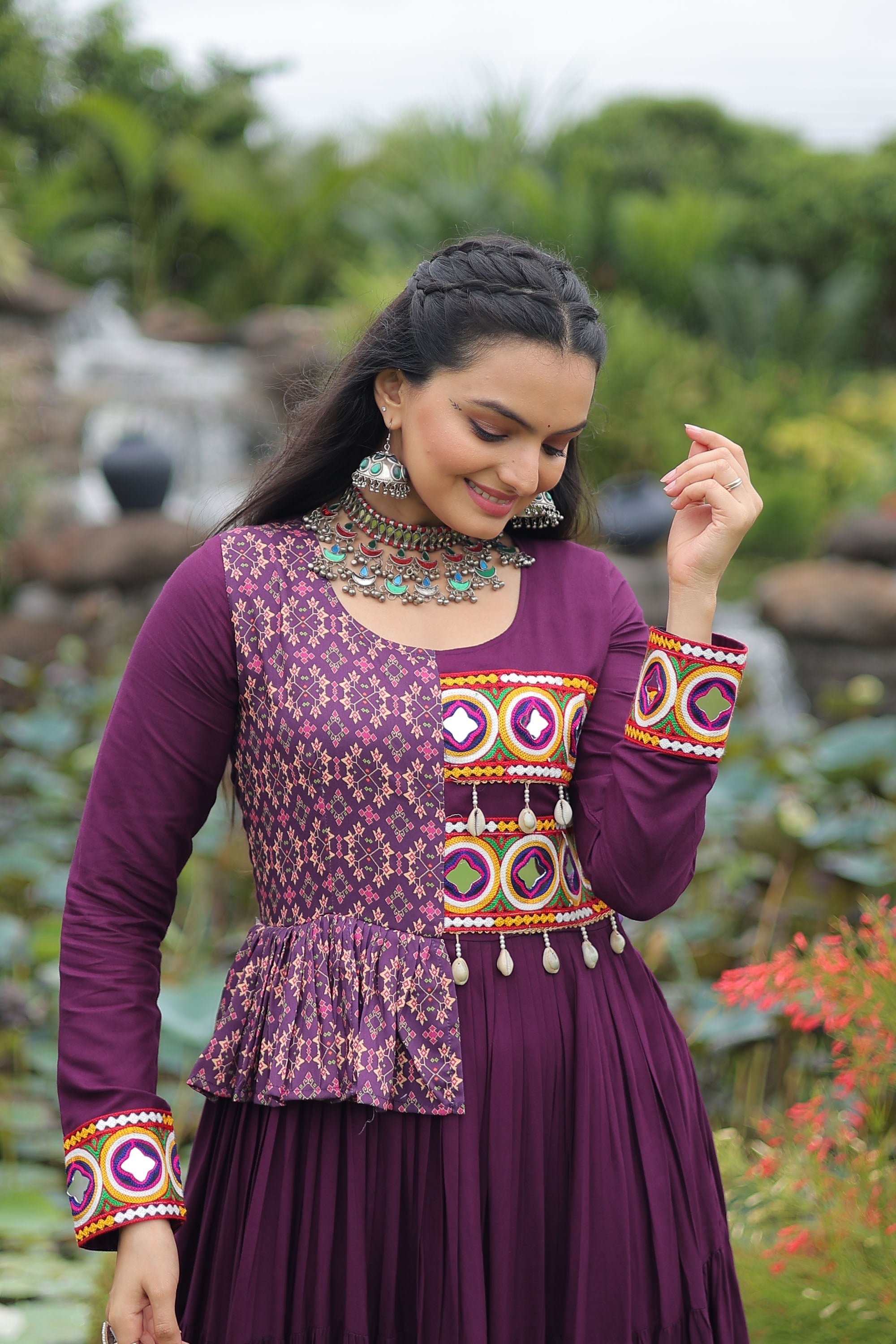 Wine Rayon Gown with Kutchi Gamthi Embroidery and Cotton Print