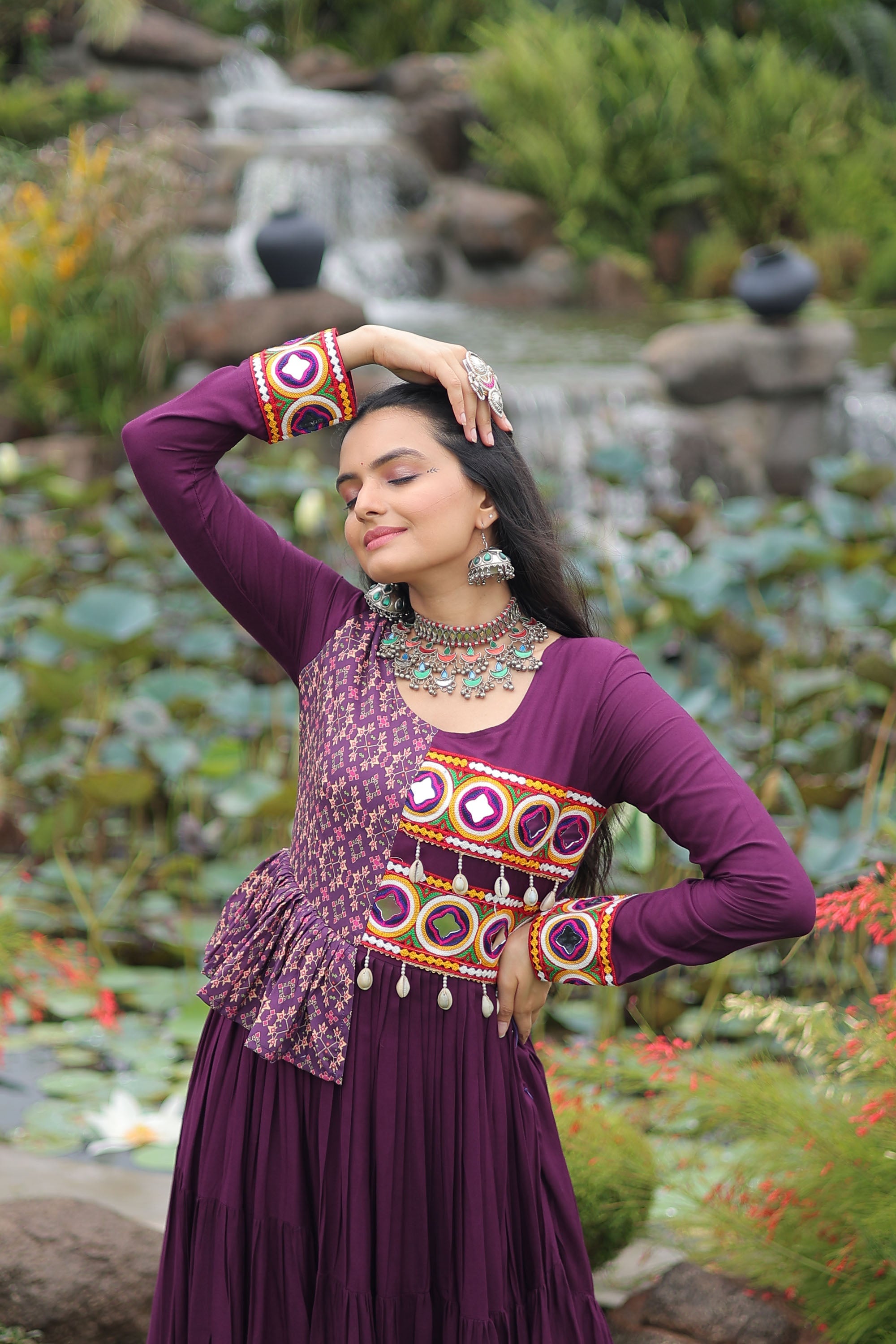 Wine Rayon Gown with Kutchi Gamthi Embroidery and Cotton Print