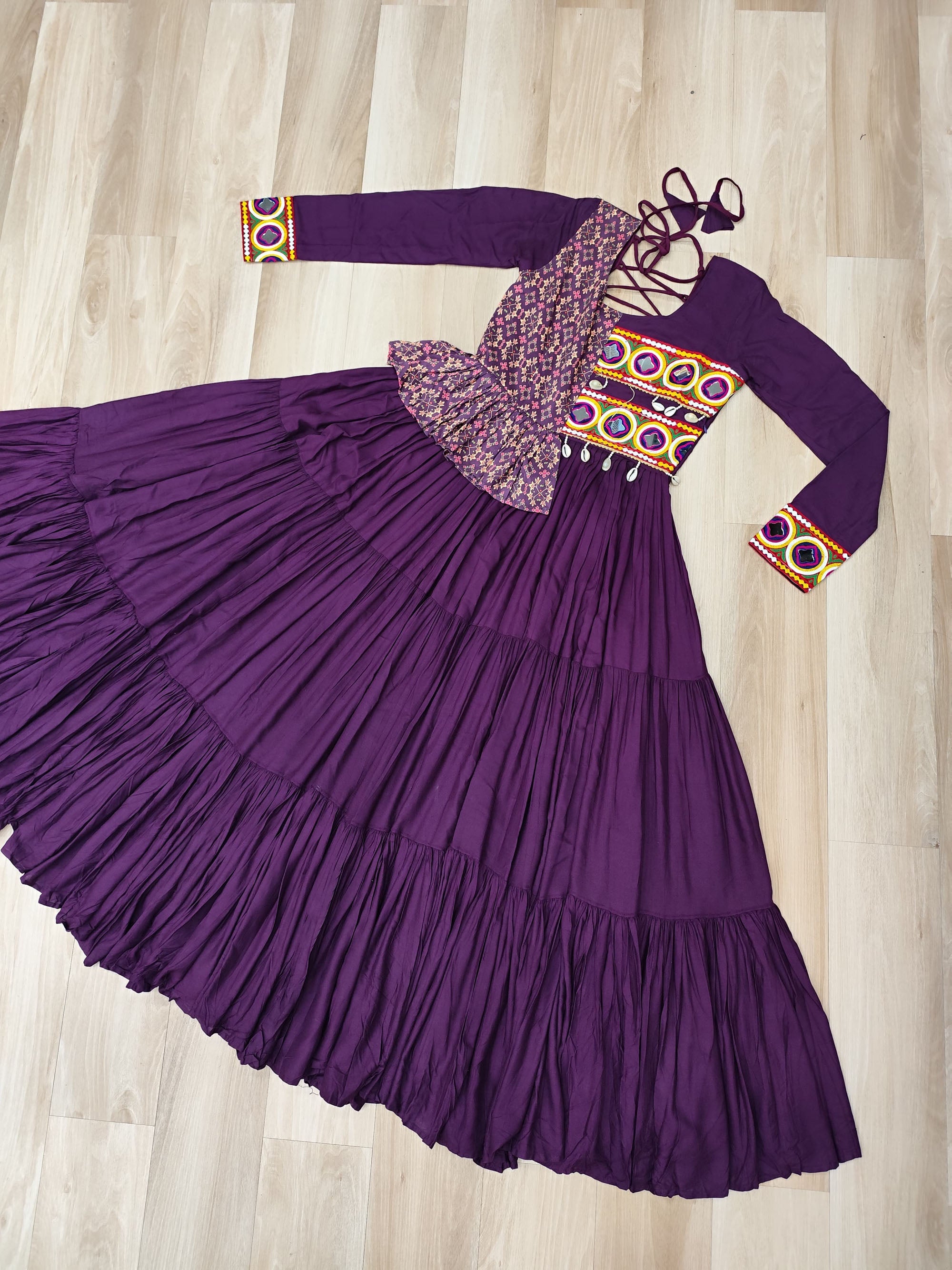 Wine Rayon Gown with Kutchi Gamthi Embroidery and Cotton Print