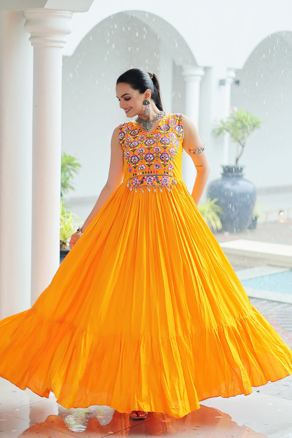 Yellow Rayon Kutchi Gamthi Thread and Mirror Work Gown
