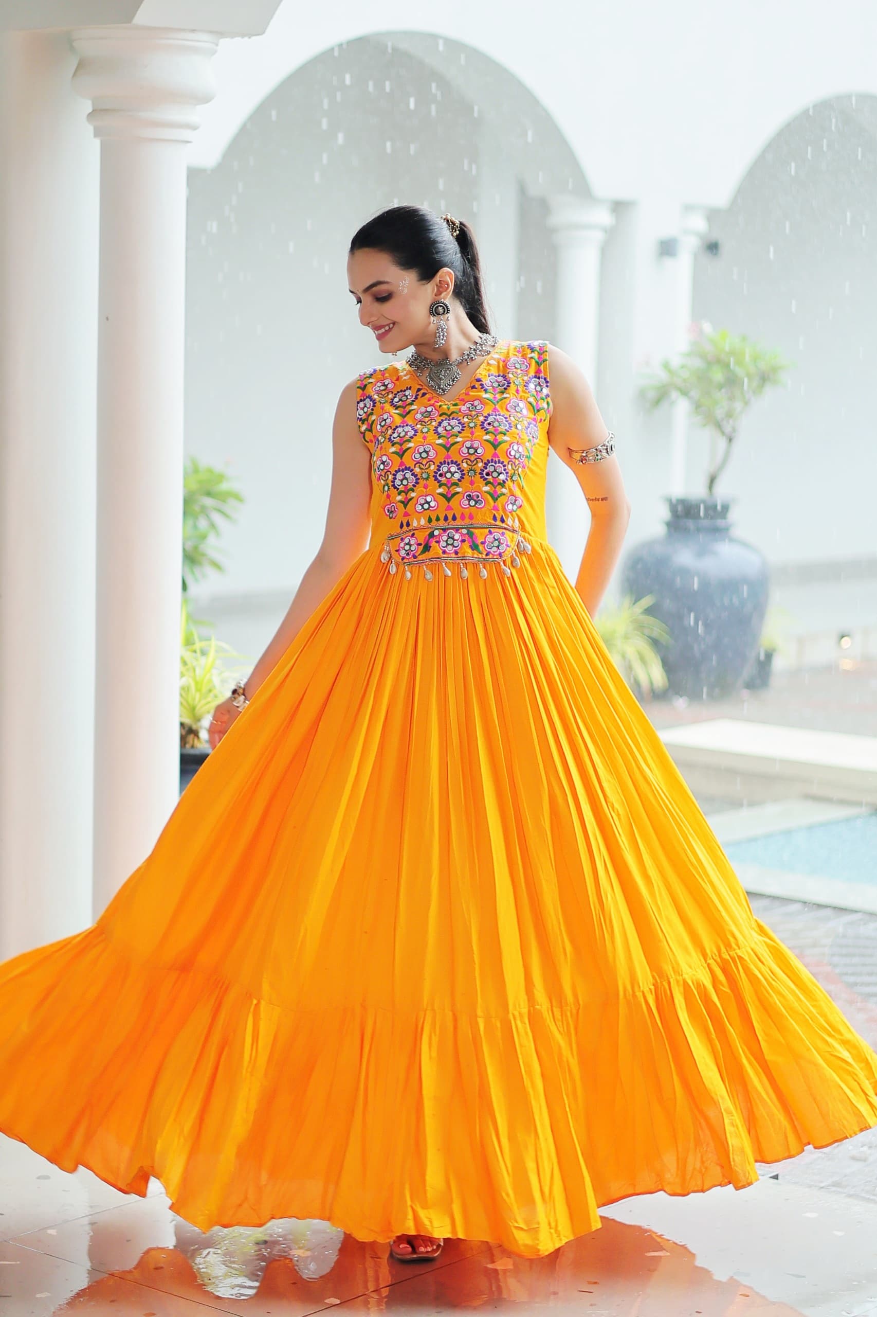 Yellow Rayon Kutchi Gamthi Thread and Mirror Work Gown