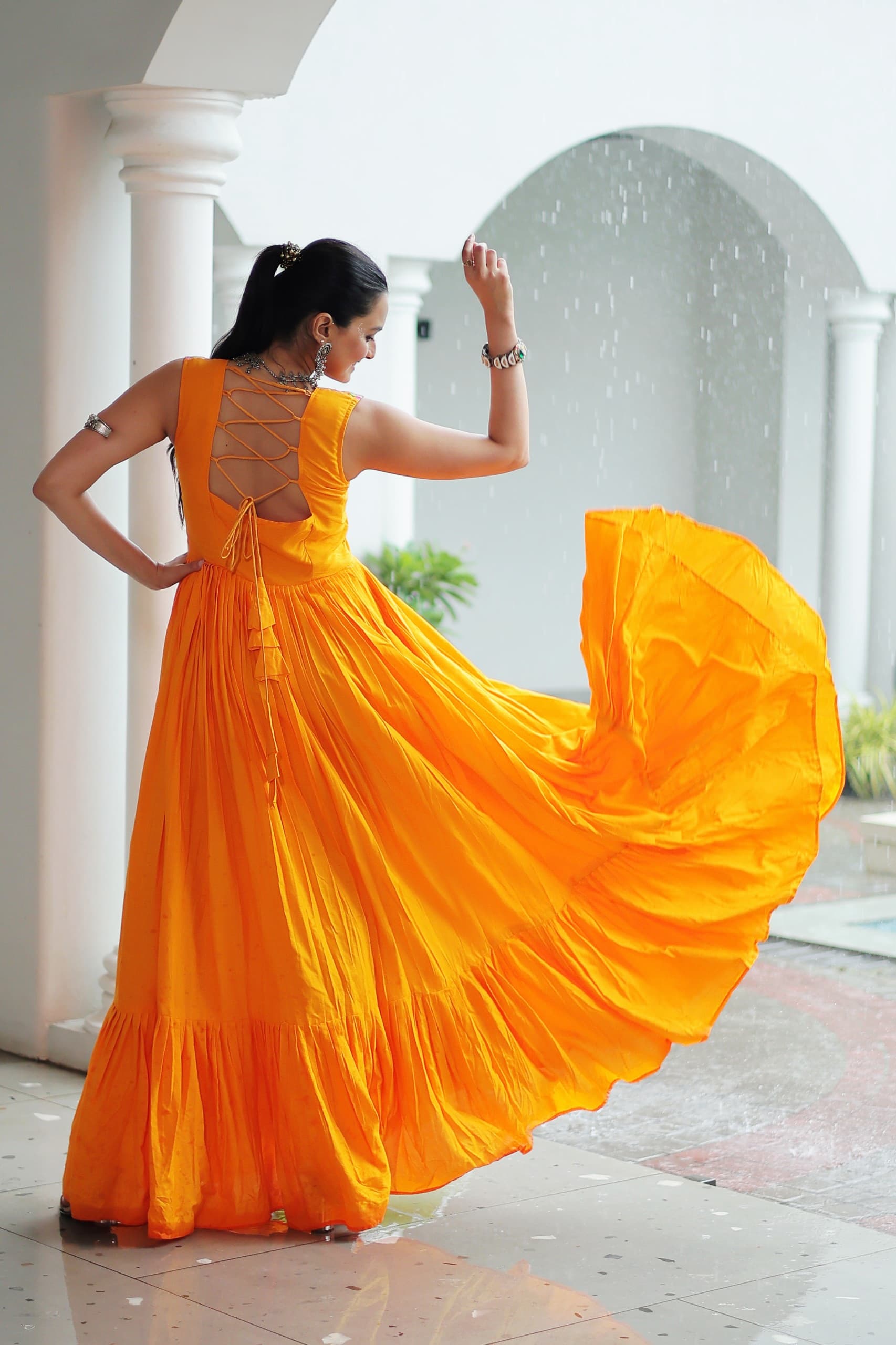 Yellow Rayon Kutchi Gamthi Thread and Mirror Work Gown