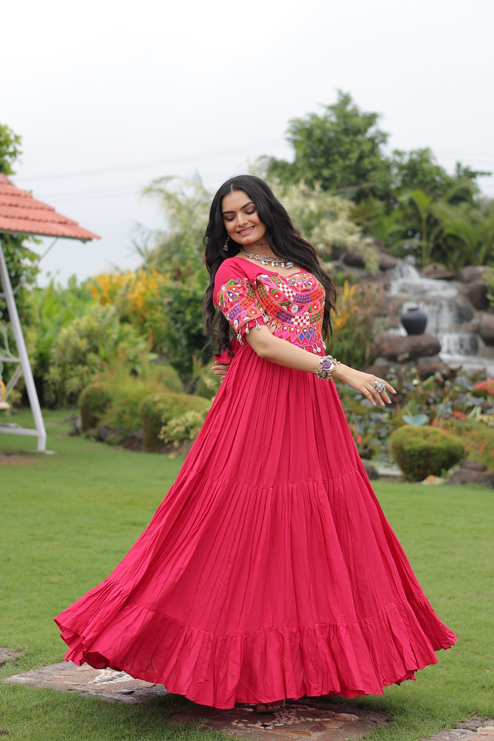 Prazu Fashion Rani Pink Reyon Kutchi Gamthi Work Navaratri Gown