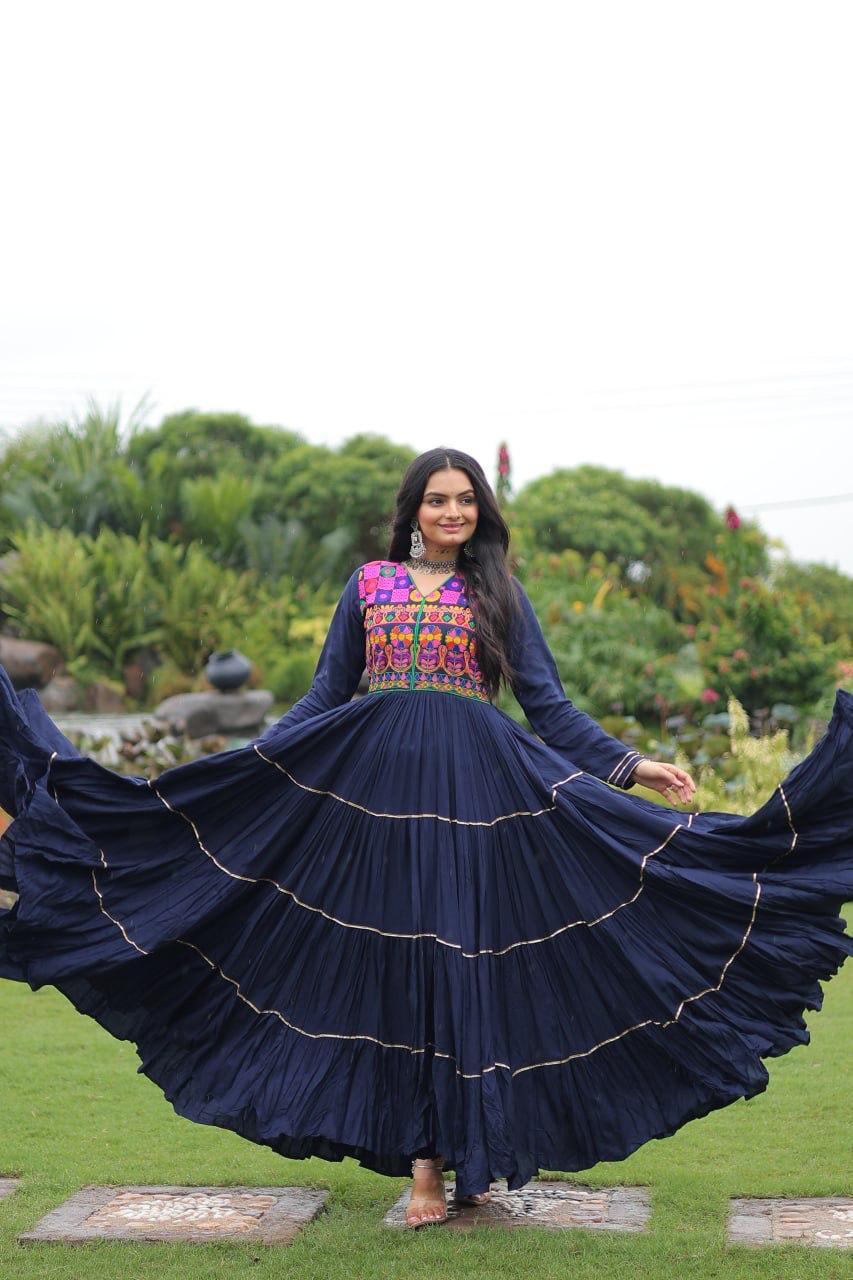 Blue Rayon Navratri Gown with Kutchi Gamthi Mirror Work