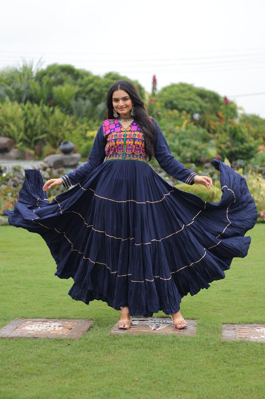 Blue Rayon Navratri Gown with Kutchi Gamthi Mirror Work