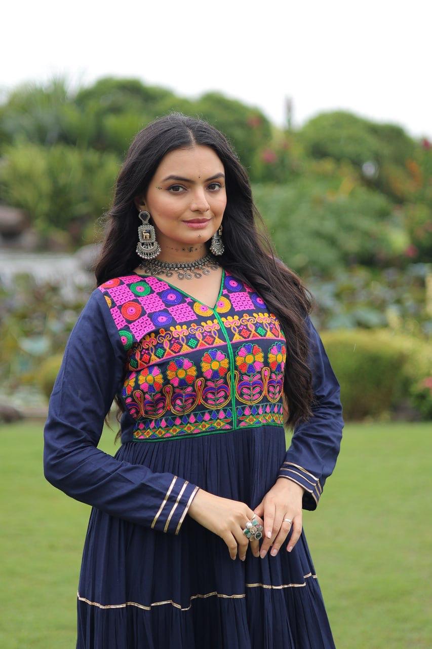 Blue Rayon Navratri Gown with Kutchi Gamthi Mirror Work