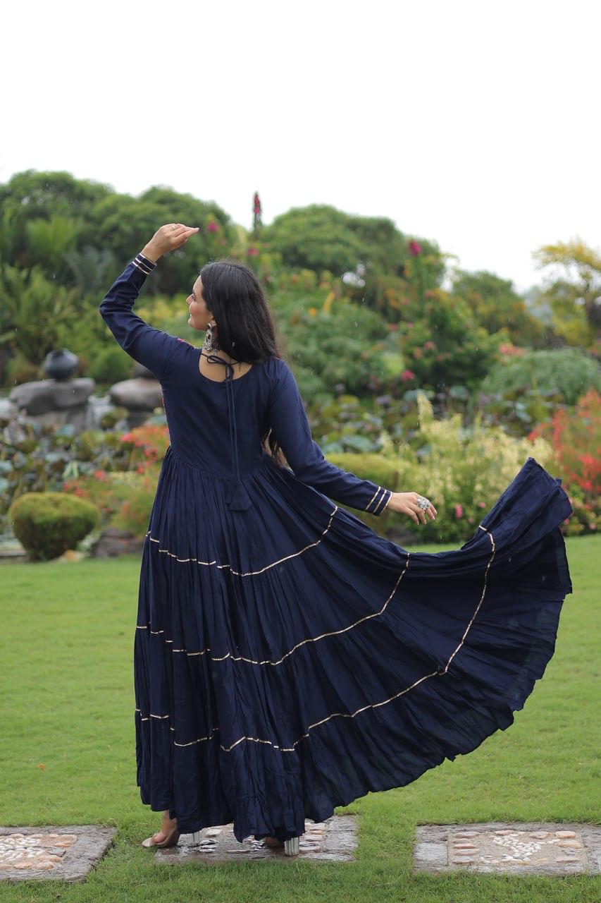 Blue Rayon Navratri Gown with Kutchi Gamthi Mirror Work