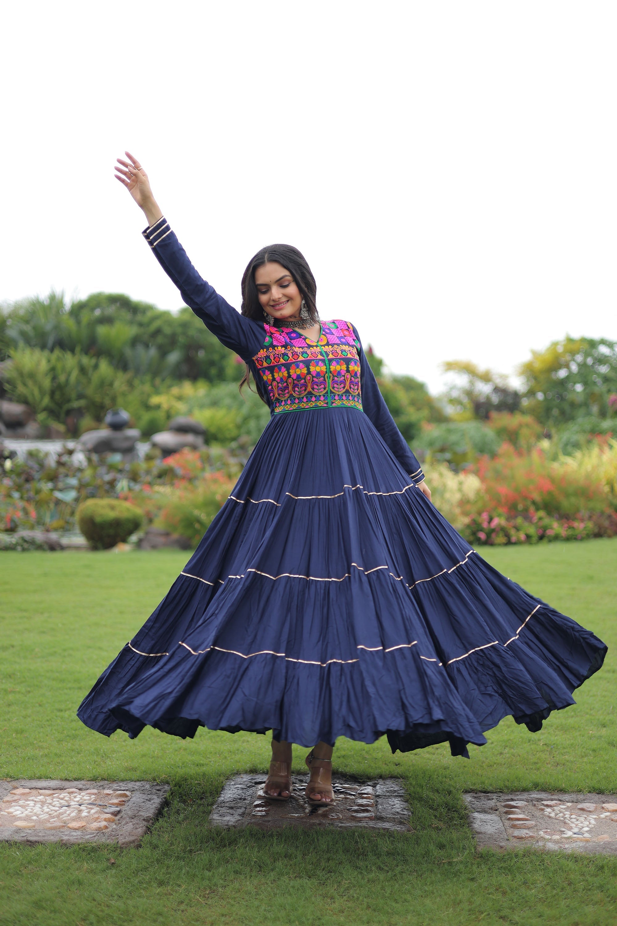 Lorenvalley Fashion Navyblue Rayon Kutchi Gamthi Embroidered & Mirror hand Work Gown