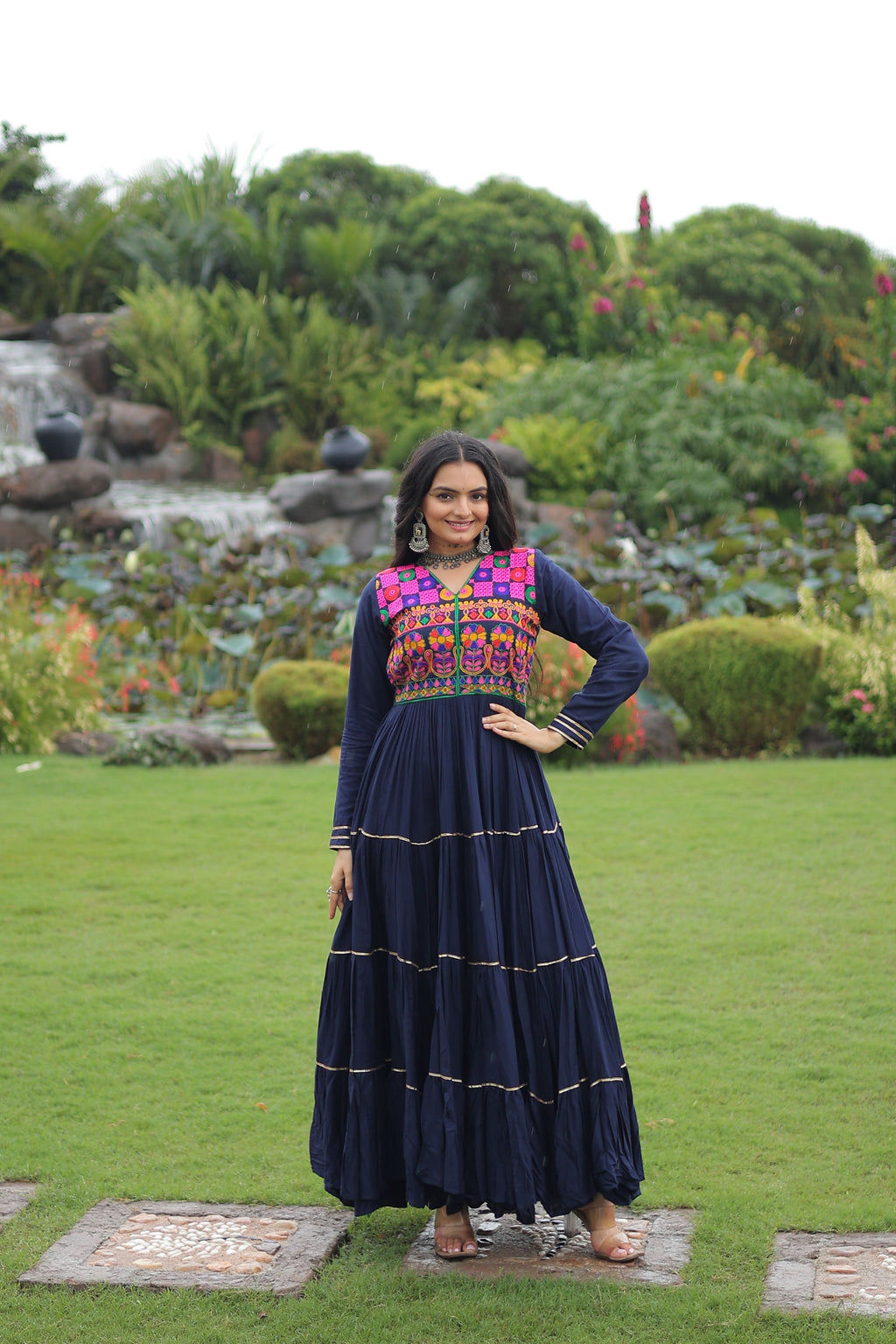 Lorenvalley Fashion Navyblue Rayon Kutchi Gamthi Embroidered & Mirror hand Work Gown