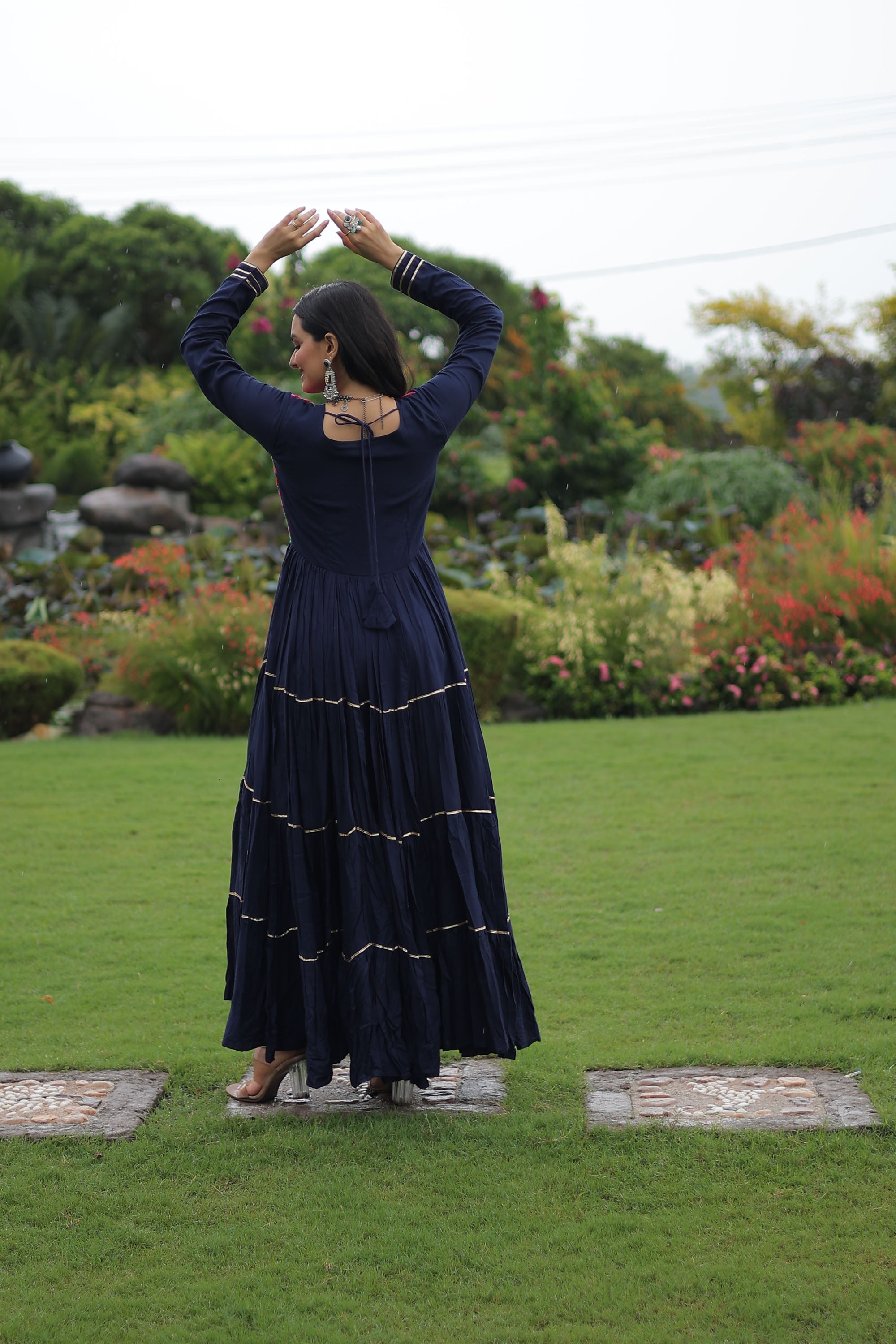 Lorenvalley Fashion Navyblue Rayon Kutchi Gamthi Embroidered & Mirror hand Work Gown