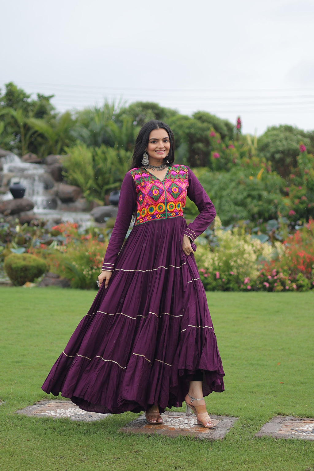 Lorenvalley Fashion Wine Rayon Kutchi Gamthi Embroidered & Mirror hand Work Gown