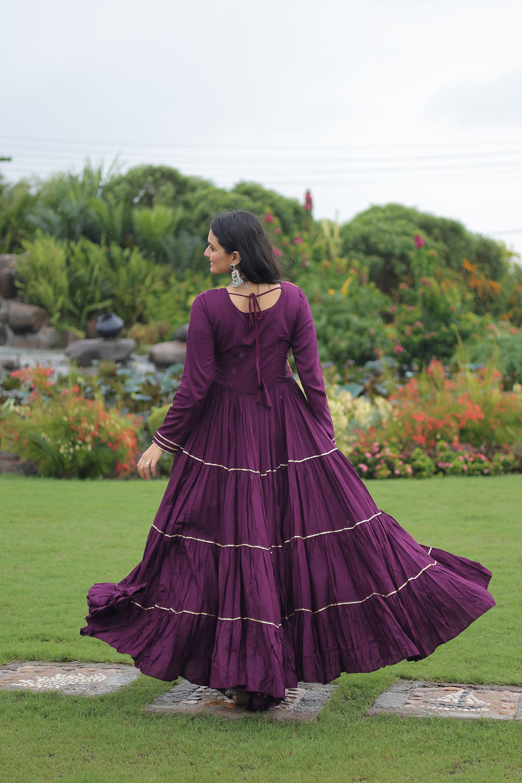Lorenvalley Fashion Wine Rayon Kutchi Gamthi Embroidered & Mirror hand Work Gown