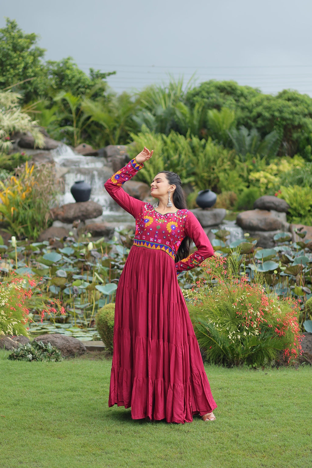 Maroon Rayon Gown with Kutchi Gamthi Embroidery and 10m Flair