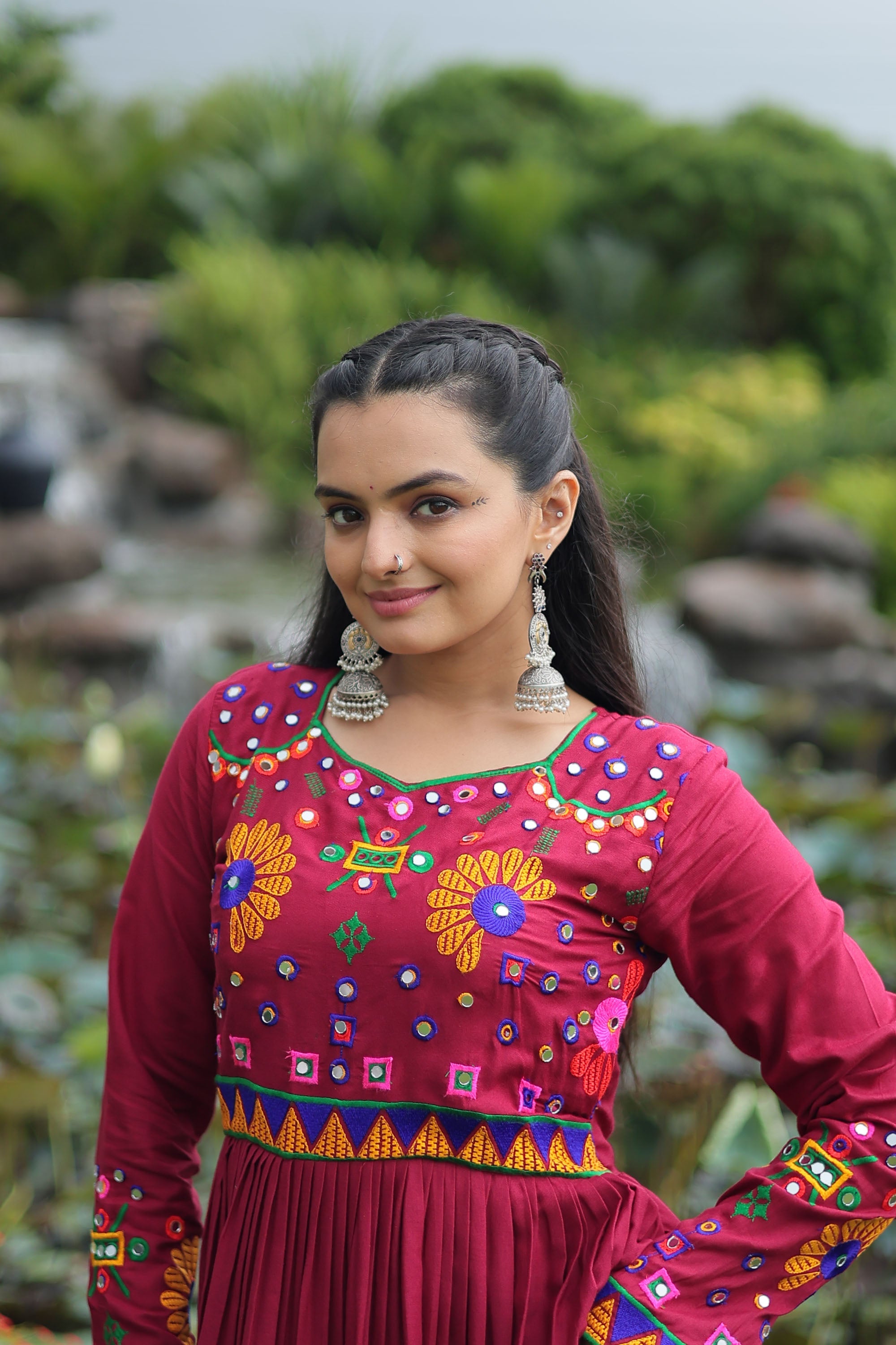 Maroon Rayon Gown with Kutchi Gamthi Embroidery and 10m Flair