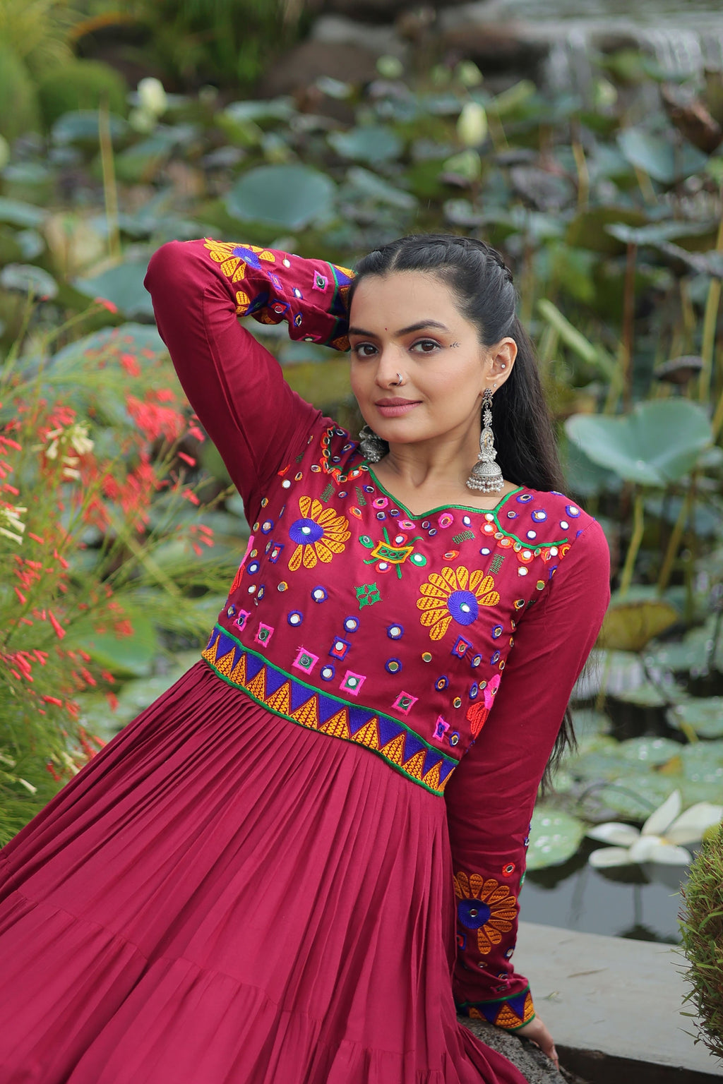 Maroon Rayon Gown with Kutchi Gamthi Embroidery and 10m Flair