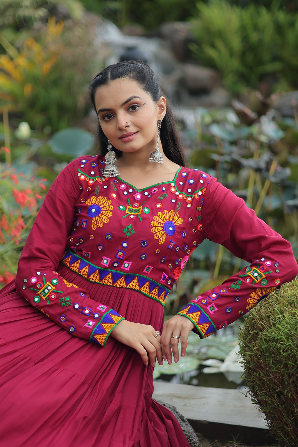 Maroon Rayon Gown with Kutchi Gamthi Embroidery and 10m Flair