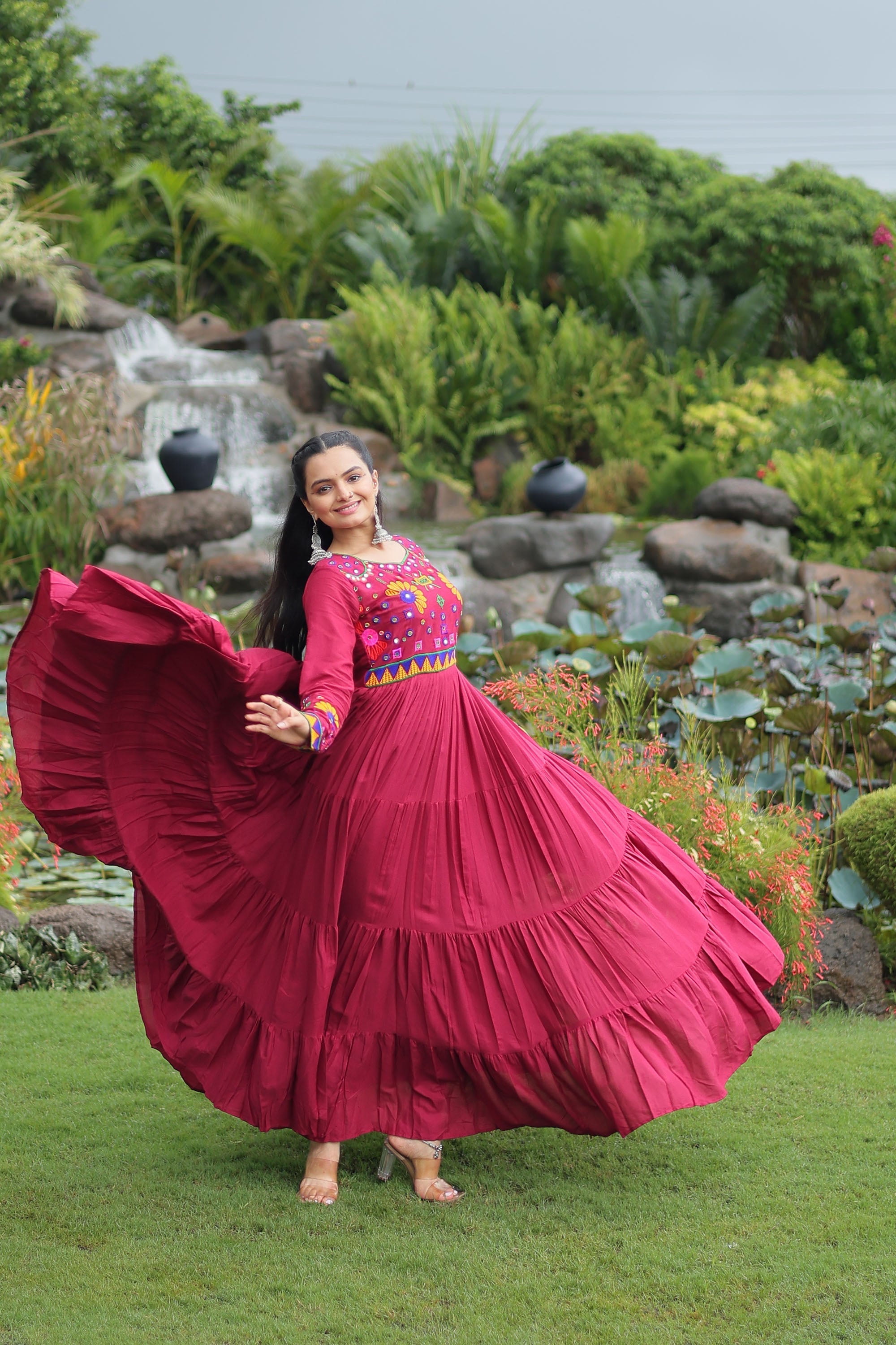 Maroon Rayon Gown with Kutchi Gamthi Embroidery and 10m Flair