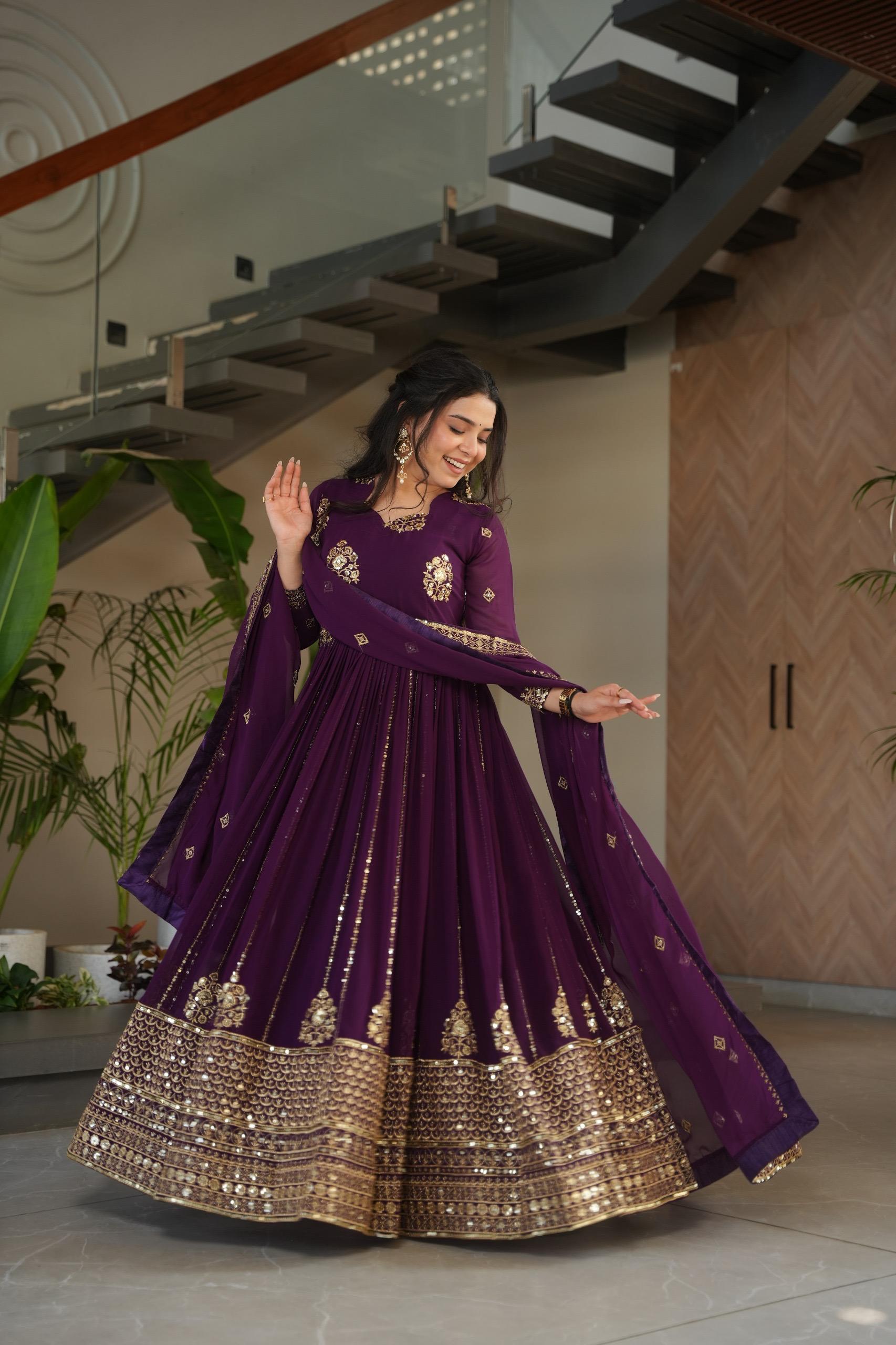 Prazu Fashion Purple Georgette Rich Zari & Sequins Embroidered Gown