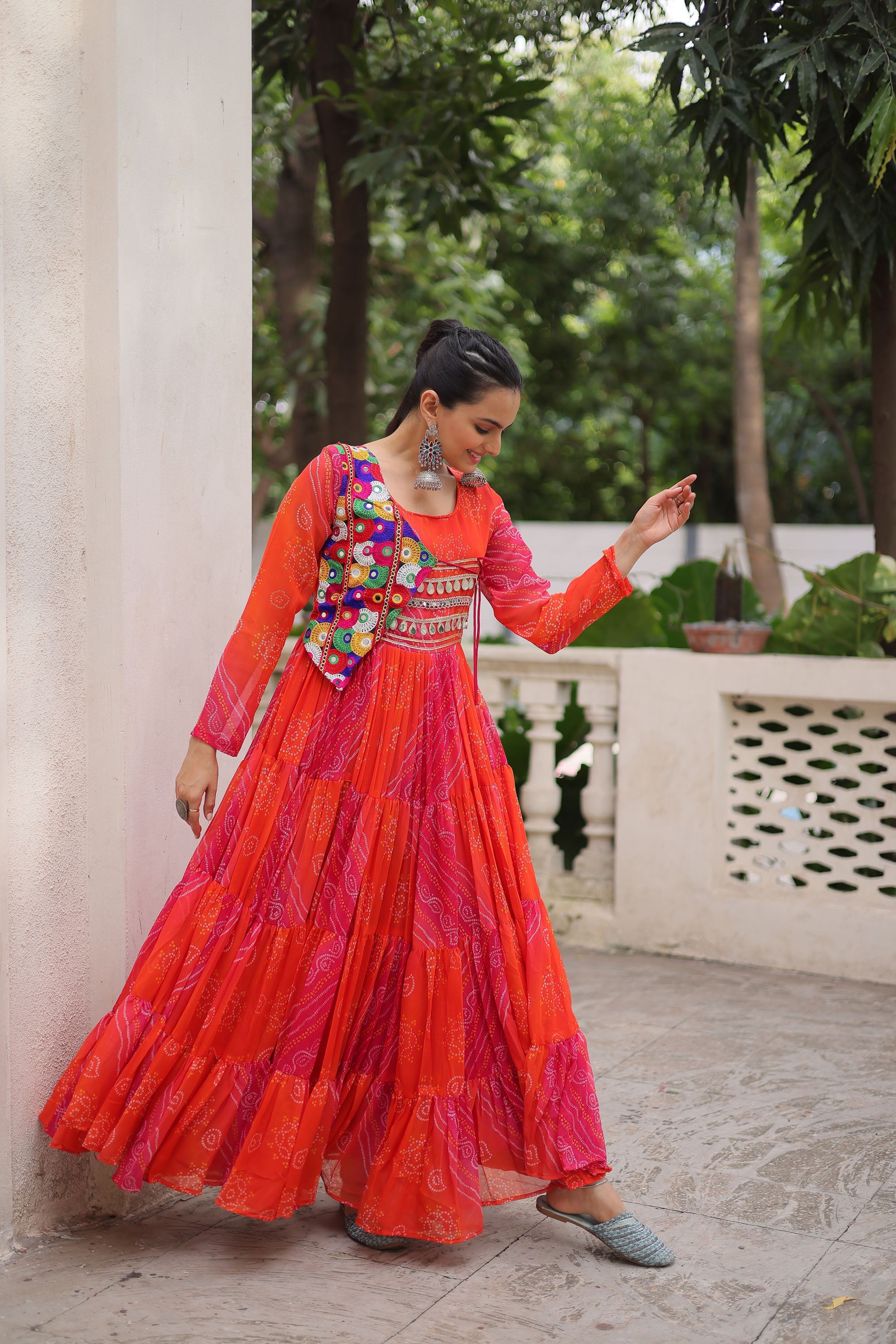 Lorenvalley Fashion Multicolor Faux Georgette Laheriya & Bandhej Print with kutchi patche work Gown