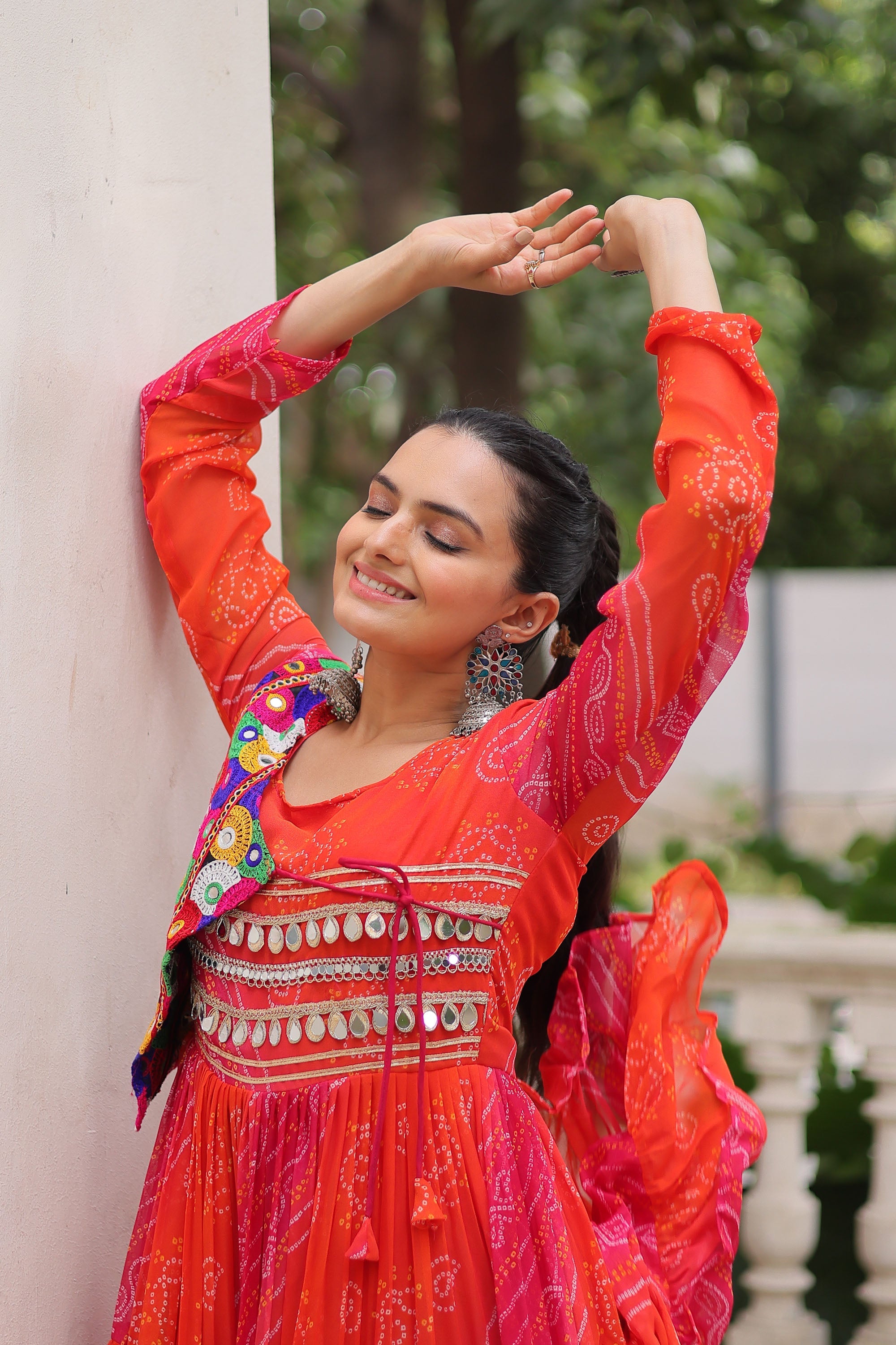 Lorenvalley Fashion Multicolor Faux Georgette Laheriya & Bandhej Print with kutchi patche work Gown