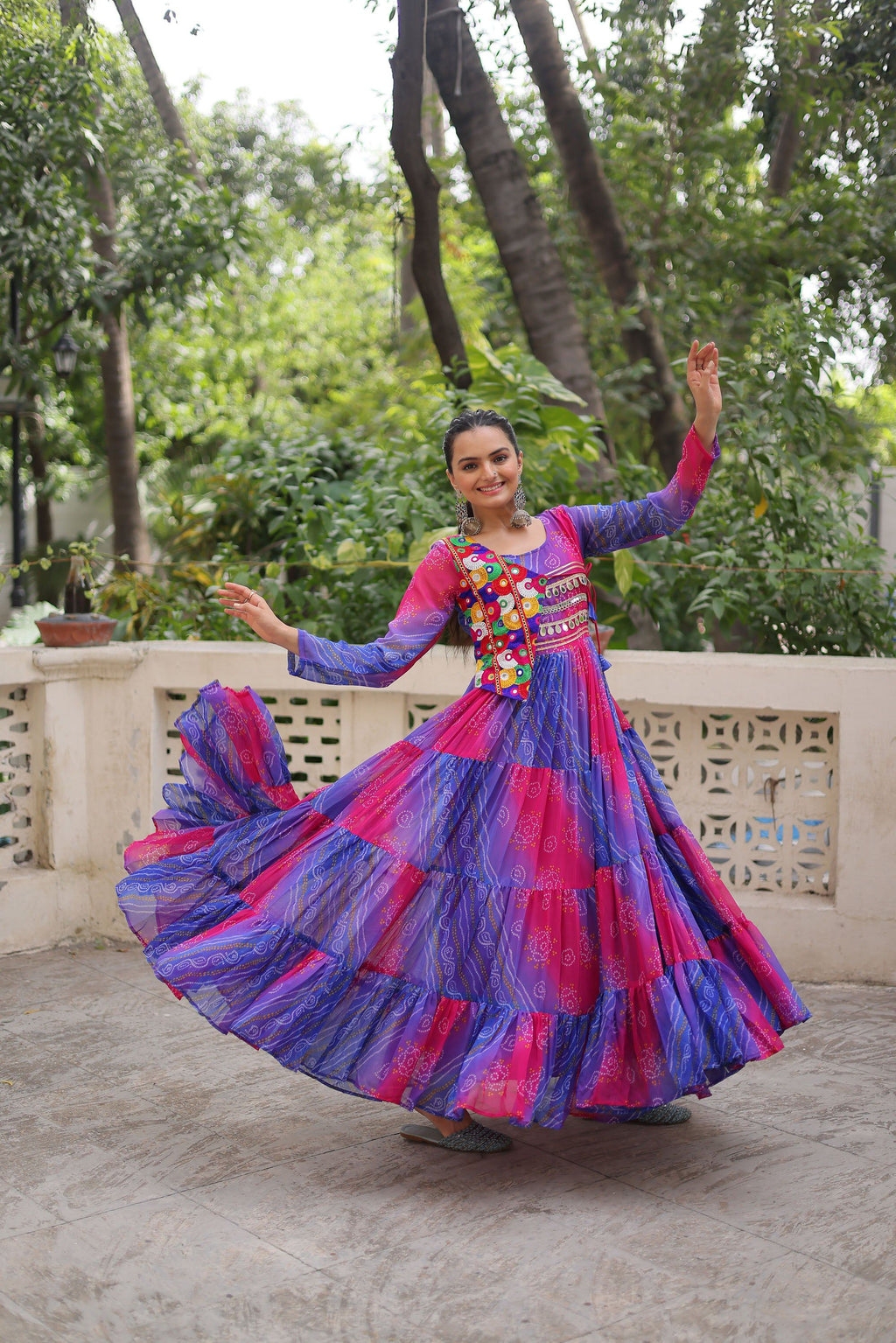 Multicolor Faux Georgette Laheriya Bandhej Print Kutchi Gown