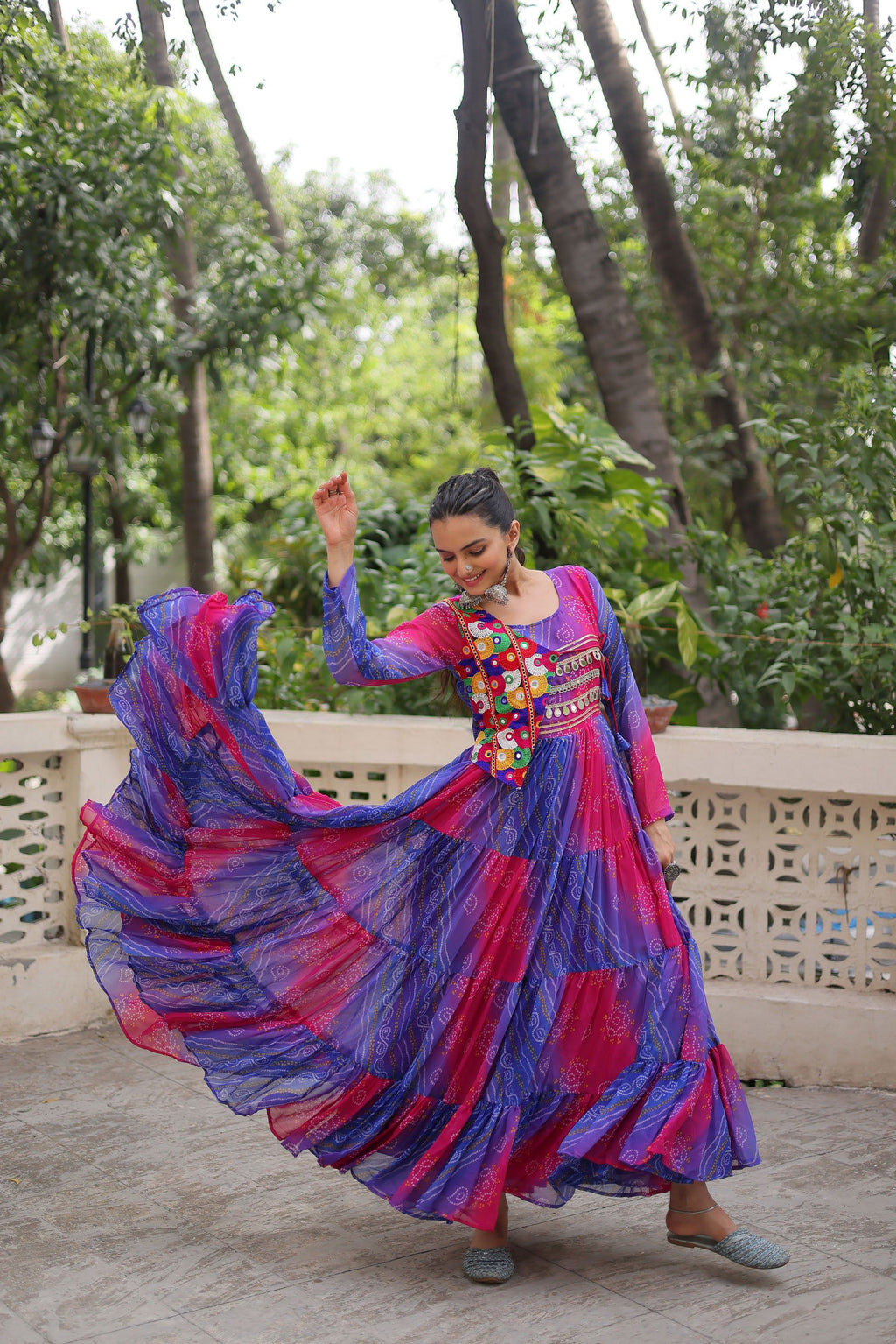 Multicolor Faux Georgette Laheriya Bandhej Print Kutchi Gown