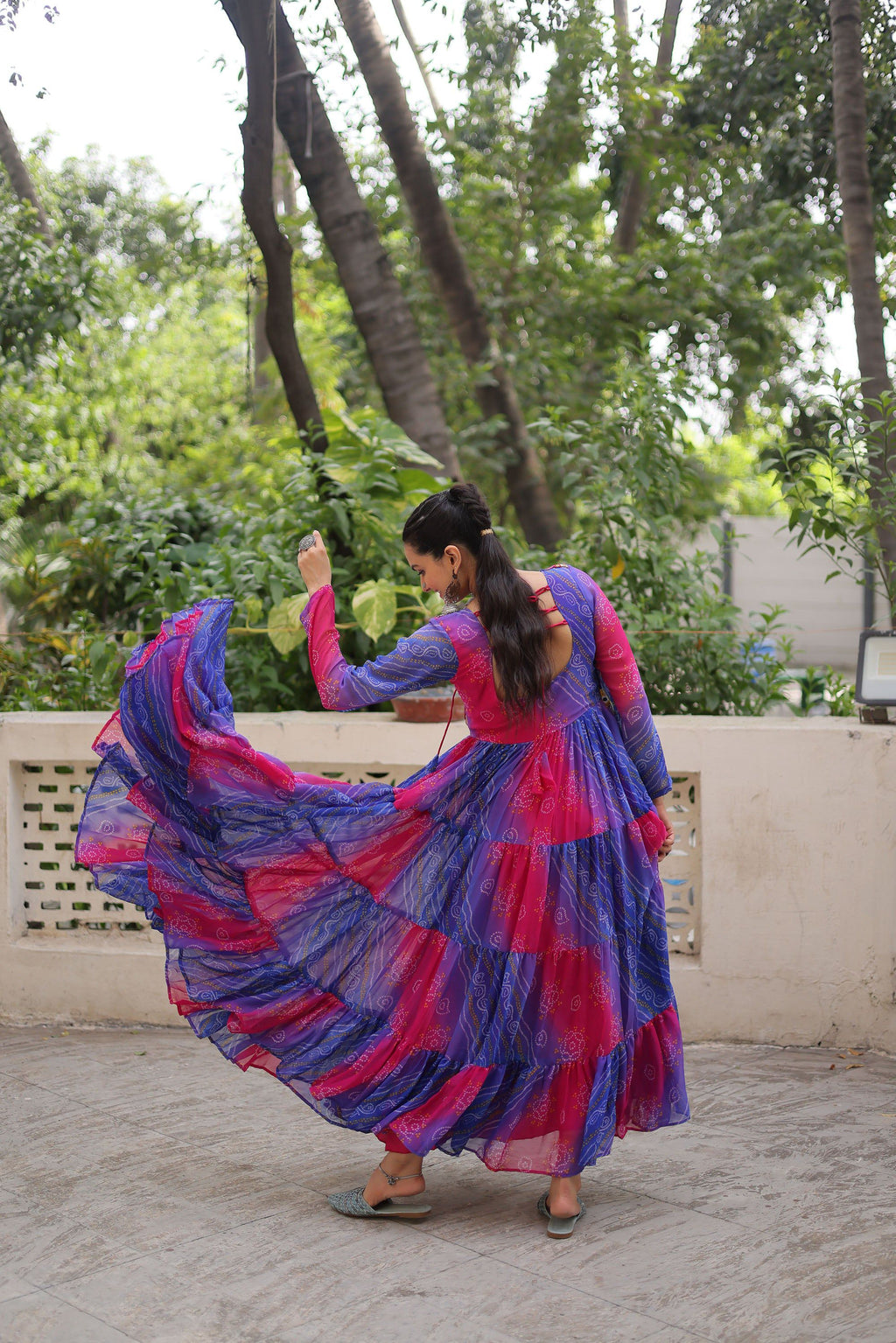Multicolor Faux Georgette Laheriya Bandhej Print Kutchi Gown