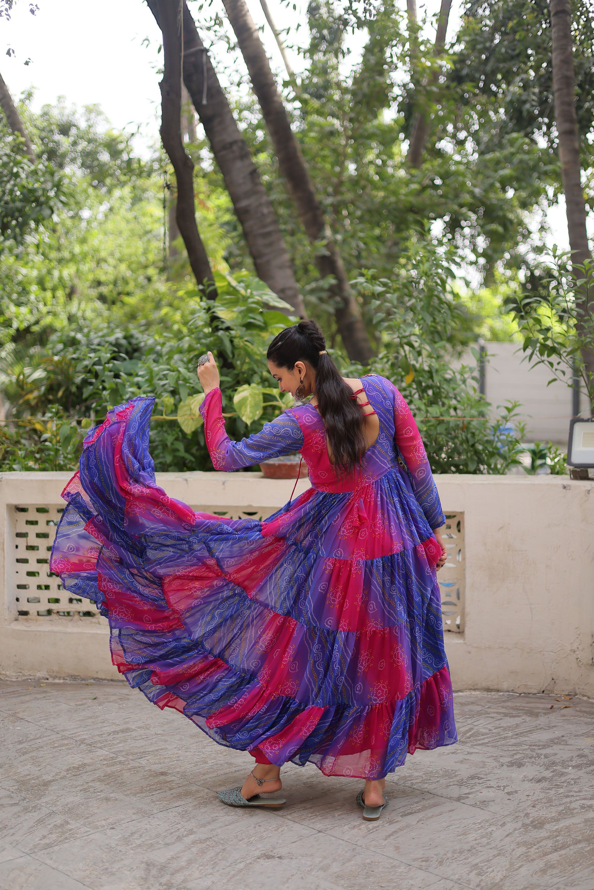 Multicolor Faux Georgette Laheriya Bandhej Print Kutchi Gown