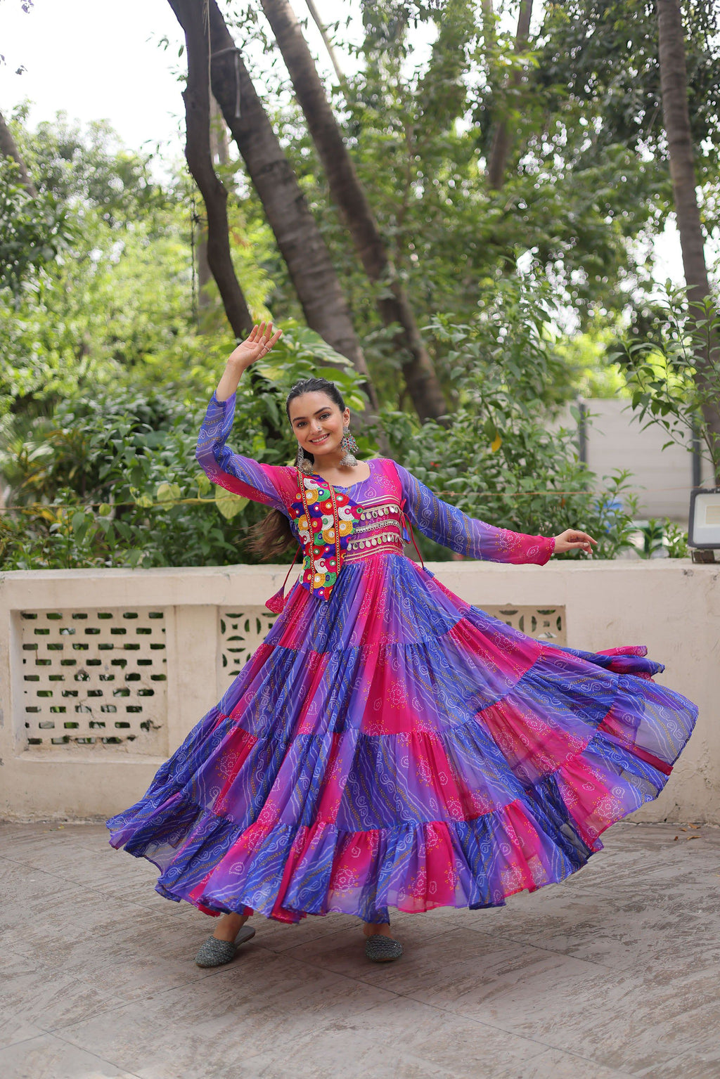 Multicolor Faux Georgette Laheriya Bandhej Print Kutchi Gown