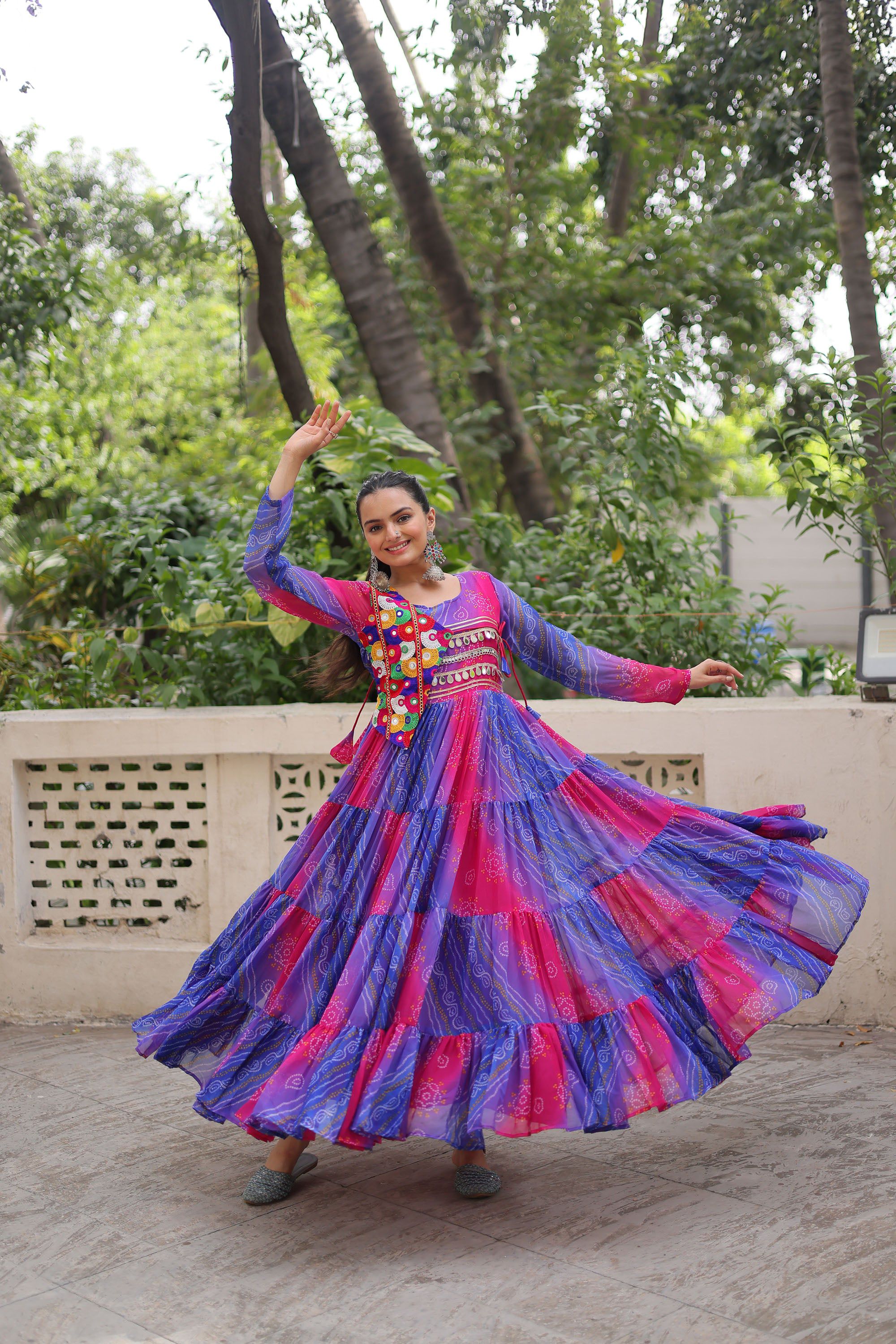 Multicolor Faux Georgette Laheriya Bandhej Print Kutchi Gown