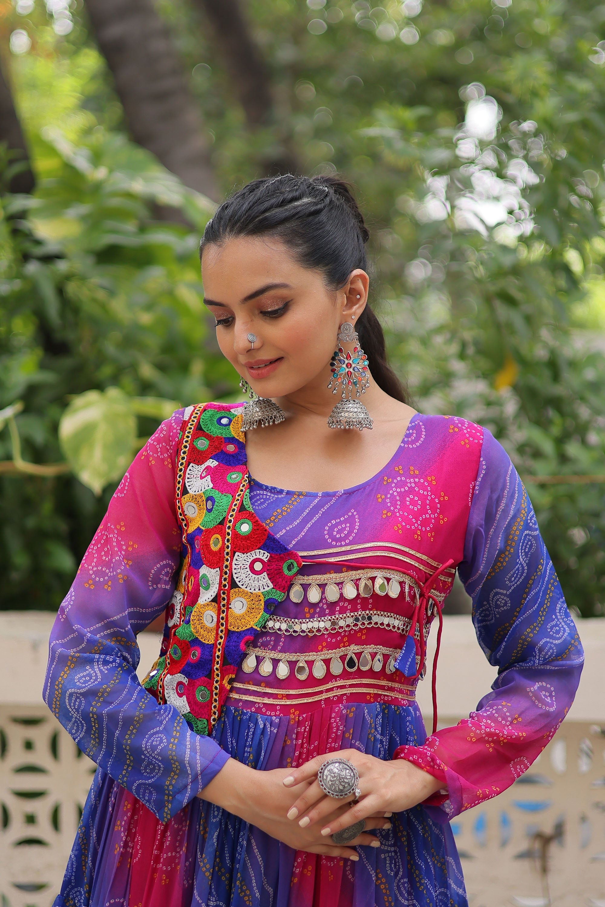 Multicolor Faux Georgette Laheriya Bandhej Print Kutchi Gown