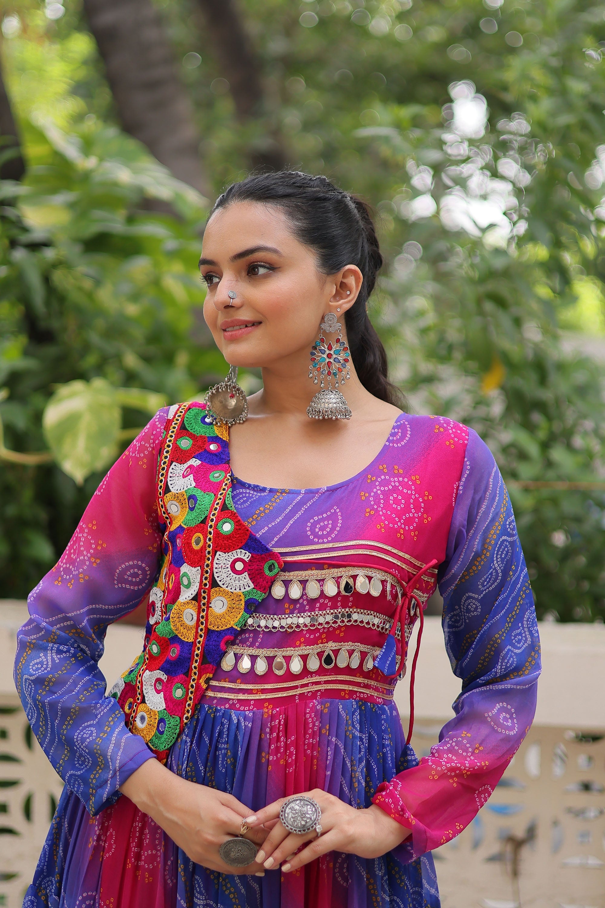 Multicolor Faux Georgette Laheriya Bandhej Print Kutchi Gown