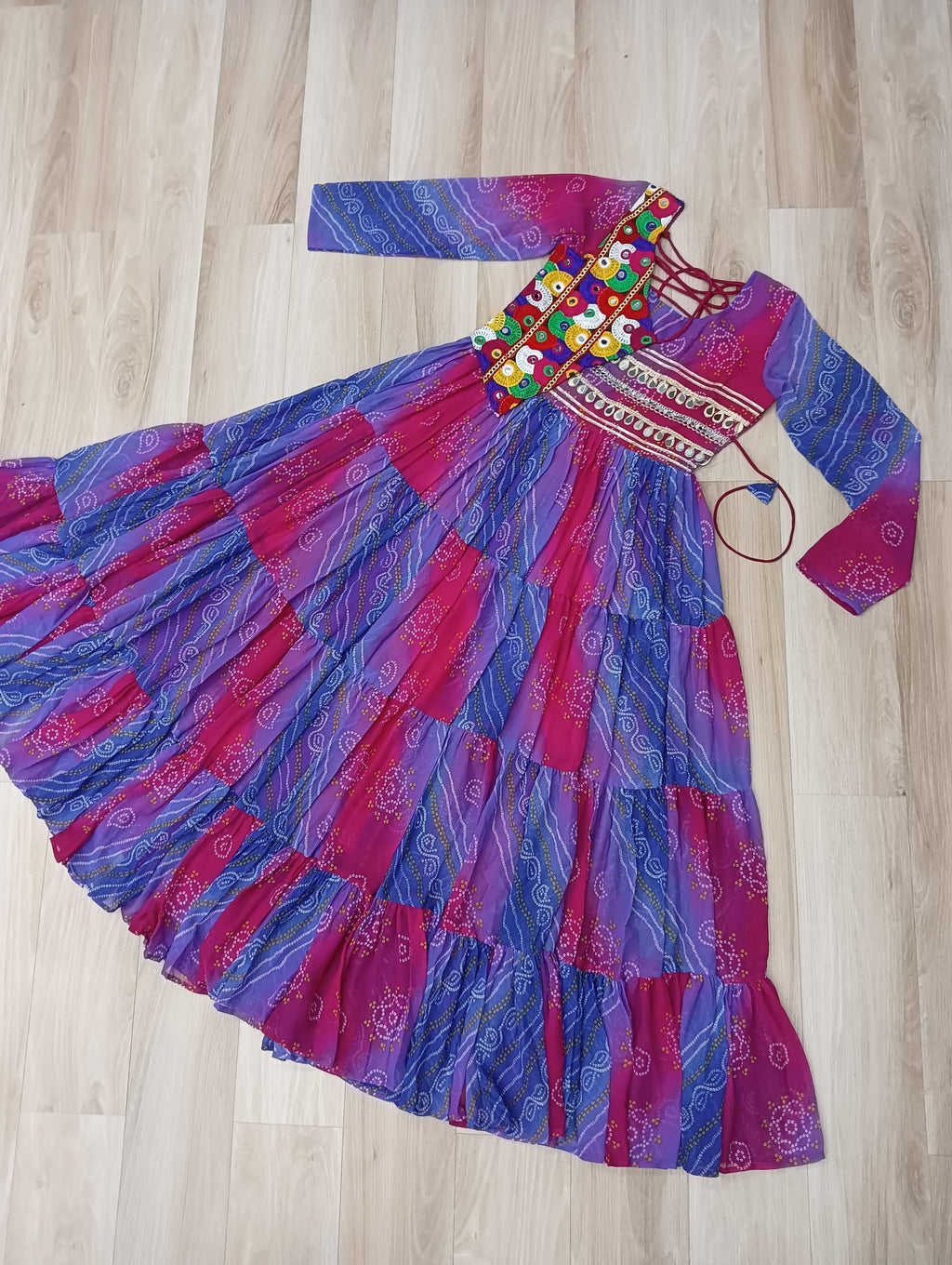 Multicolor Faux Georgette Laheriya Bandhej Print Kutchi Gown