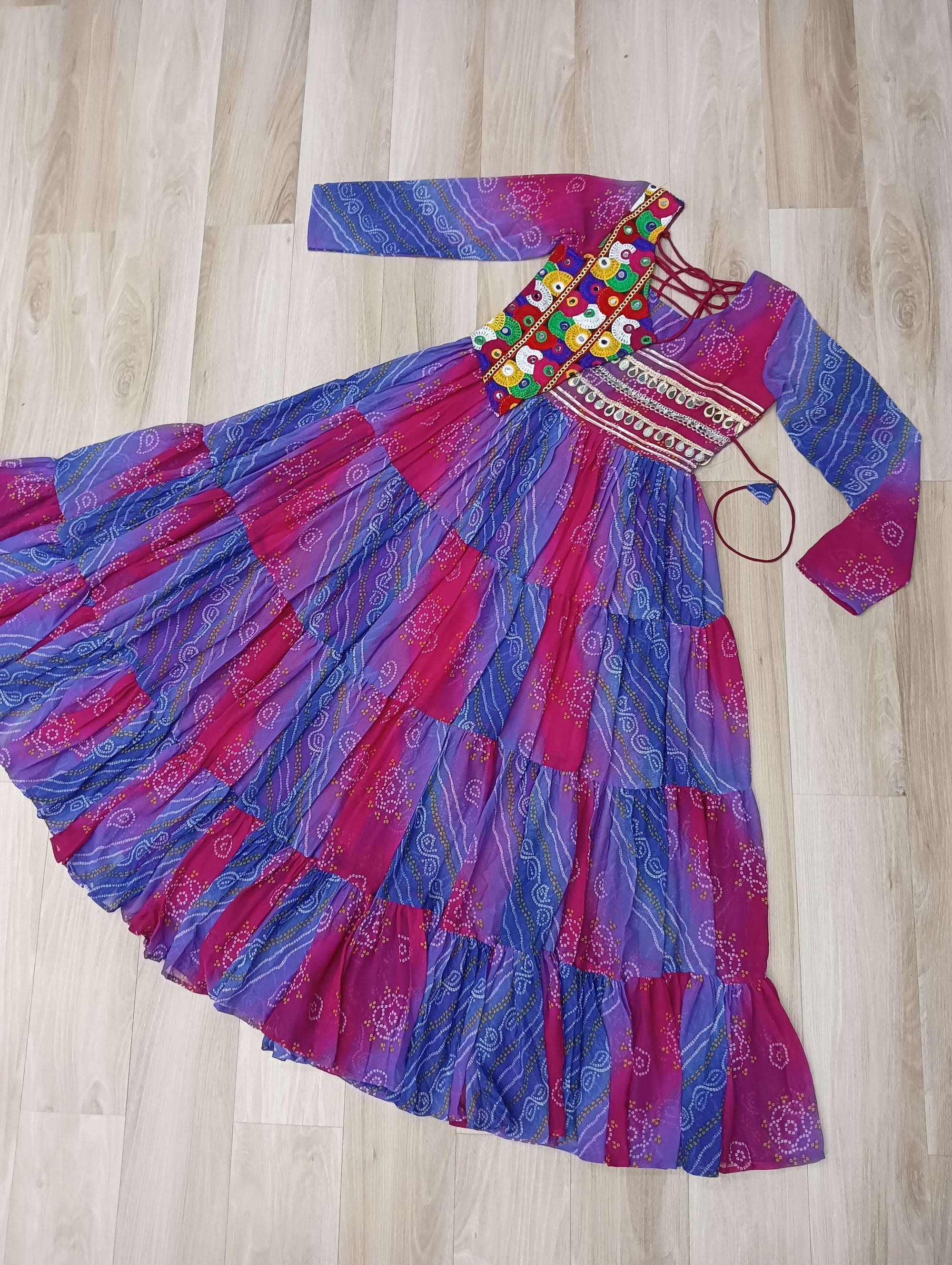 Multicolor Faux Georgette Laheriya Bandhej Print Kutchi Gown