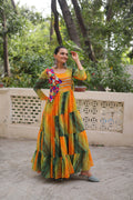 Lorenvalley Fashion Multicolor Faux Georgette Laheriya & Bandhej Print with kutchi patche work Gown