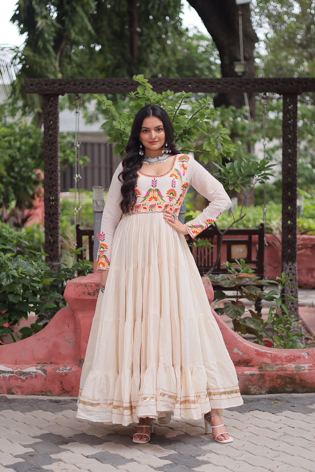 Off-white Kora cotton gown with multi-thread embroidery and Gota Patti festive detailing