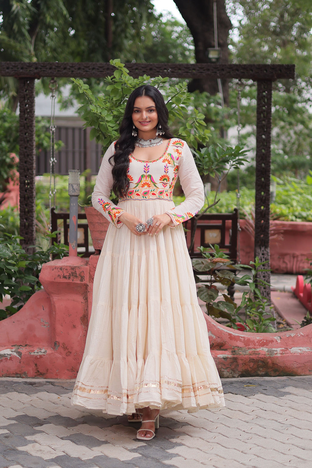 Off-white Kora Cotton Multi-Thread Embroidered Gota Patti Gown