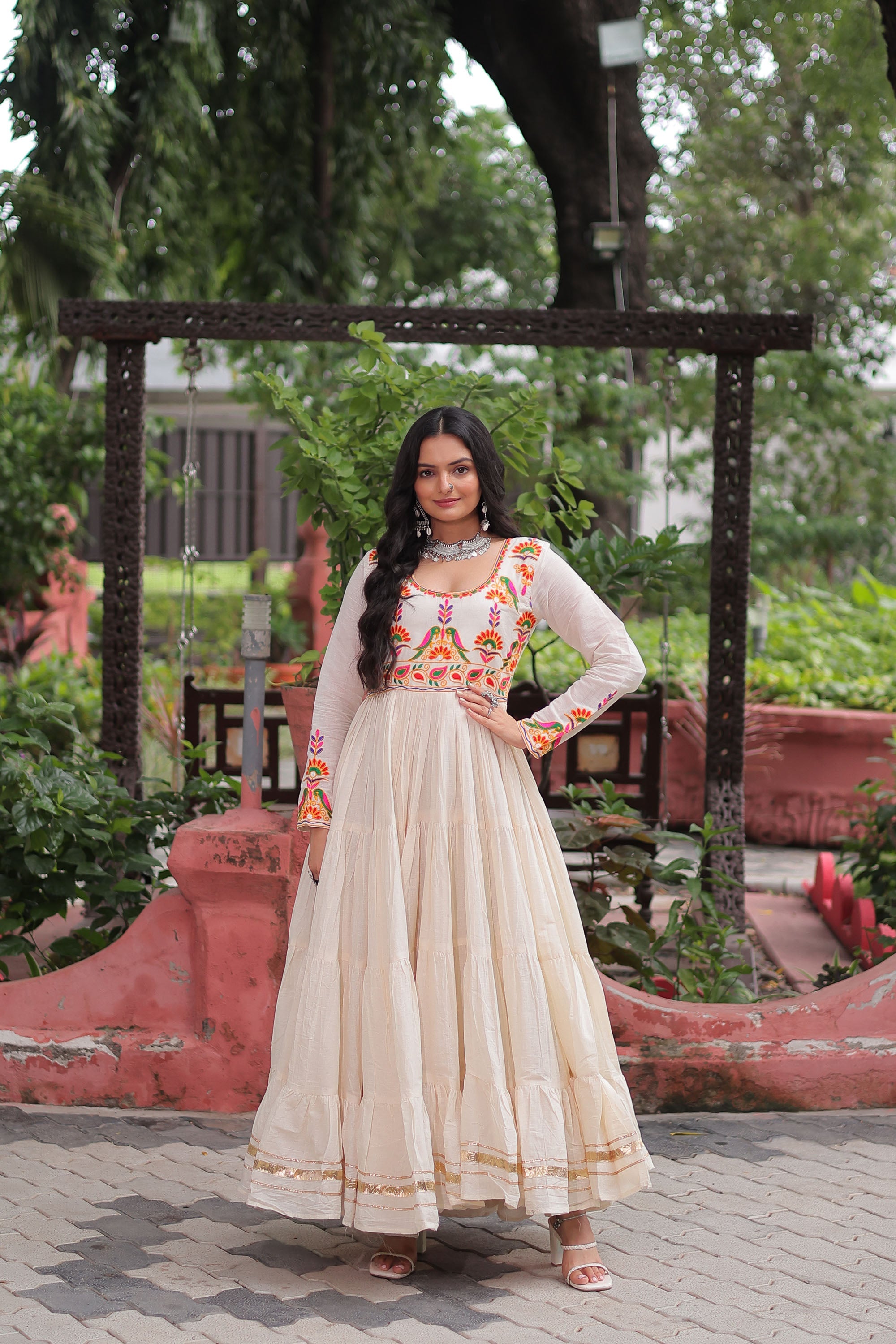 Off-white Kora Cotton Multi-Thread Embroidered Gota Patti Gown