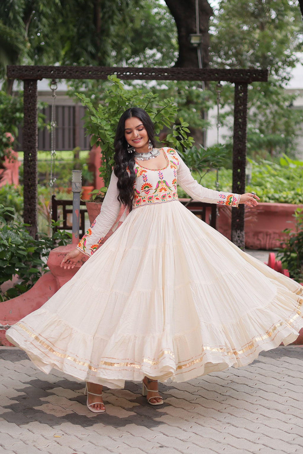 Off-white Kora Cotton Multi-Thread Embroidered Gota Patti Gown